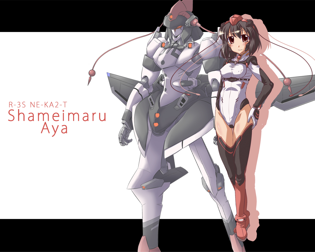 yoshi tama, shameimaru aya, touhou, 1girl, black hair, bodysuit, breasts, female focus, full body, hat, leotard, mecha, mechanization, red eyes, robot, short hair, solo, thighhighs, tokin hat