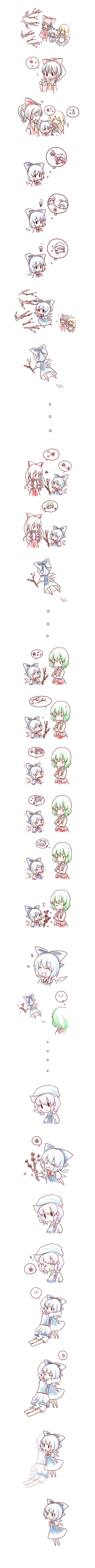 kuromame (8gou), cirno, fujiwara no mokou, hakurei reimu, kazami yuuka, kirisame marisa, letty whiterock, touhou, absurdres, highres, long image, tall image, 6+girls, ^ ^, ascot, bow, cherry blossoms, chibi, closed eyes, comic, dress, fading, fairy wings, hair bow, heart, hug, multiple girls, sad, silent comic, skirt, skirt set, solid circle eyes, spoken heart, trembling, vest, white background, wings