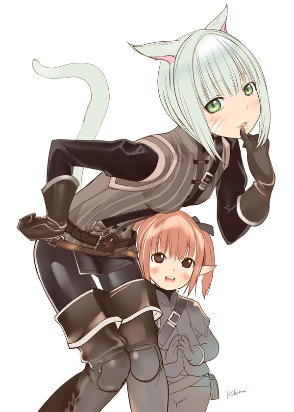 robina, warrior of light (ff14), final fantasy, final fantasy xiv, square enix, 10s, 2girls, animal ears, boots, brown eyes, gloves, green eyes, grey hair, lalafell, miqo'te, multiple girls, open mouth, pointy ears, red hair, tail, twintails