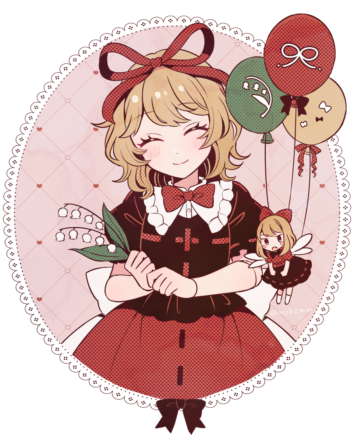 mozukuzu (manukedori), medicine melancholy, su-san, touhou, commentary request, highres, 2girls, balloon, black shirt, black skirt, blonde hair, blush, bow, bowtie, closed eyes, closed mouth, doll joints, facing viewer, flower, hair ribbon, holding, holding flower, joints, light smile, lily of the valley, multiple girls, puffy short sleeves, puffy sleeves, red bow, red bowtie, red ribbon, red shirt, red skirt, ribbon, shirt, short hair, short sleeves, skirt, wings