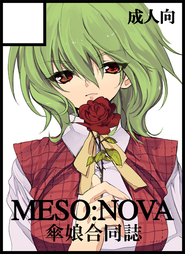 yuki machi, yukimachi, yukimachi tounosuke, kazami yuuka, touhou, 1girl, black border, border, circle cut, female focus, flower, frown, green hair, holding, holding flower, plaid clothes, plaid vest, red eyes, red flower, red rose, rose, short hair, solo, thorns, upper body, vest