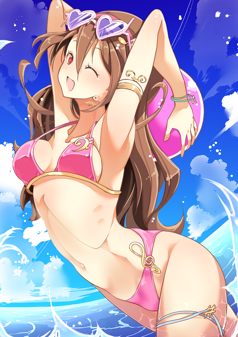 hamuhamu, sakura uta (precure), kimi to idol precure, precure, commentary request, partial commentary, 1girl, ;d, arm strap, armpits, arms up, ball, bass clef, beachball, bikini, blue sky, bracelet, brown hair, cloud, cloudy sky, dutch angle, earrings, eyewear on head, fortissimo, hair ornament, hairband, halterneck, heart, heart-shaped eyewear, holding, holding ball, holding behind neck, horizon, jewelry, long hair, looking at viewer, musical note, musical note earrings, musical note hair ornament, natural sign, navel, ocean, one eye closed, open mouth, pink bikini, pink hairband, purple-framed eyewear, purple-tinted eyewear, red eyes, sharp sign, sky, smile, solo, standing, swimsuit, tinted eyewear, treble clef, wading
