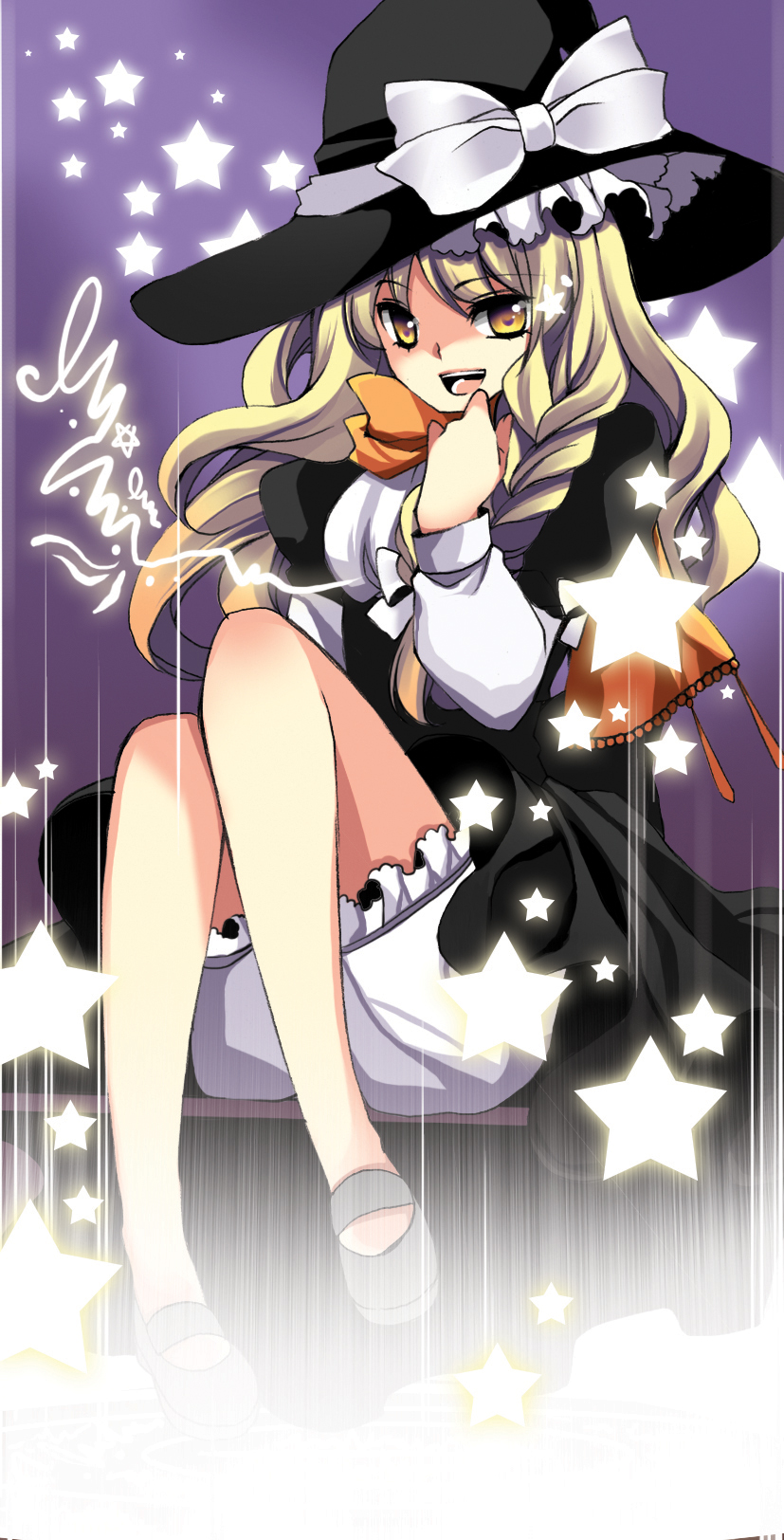 roh nam kyung, kirisame marisa, touhou, bad id, bad pixiv id, highres, 1girl, blonde hair, female focus, legs, open mouth, solo