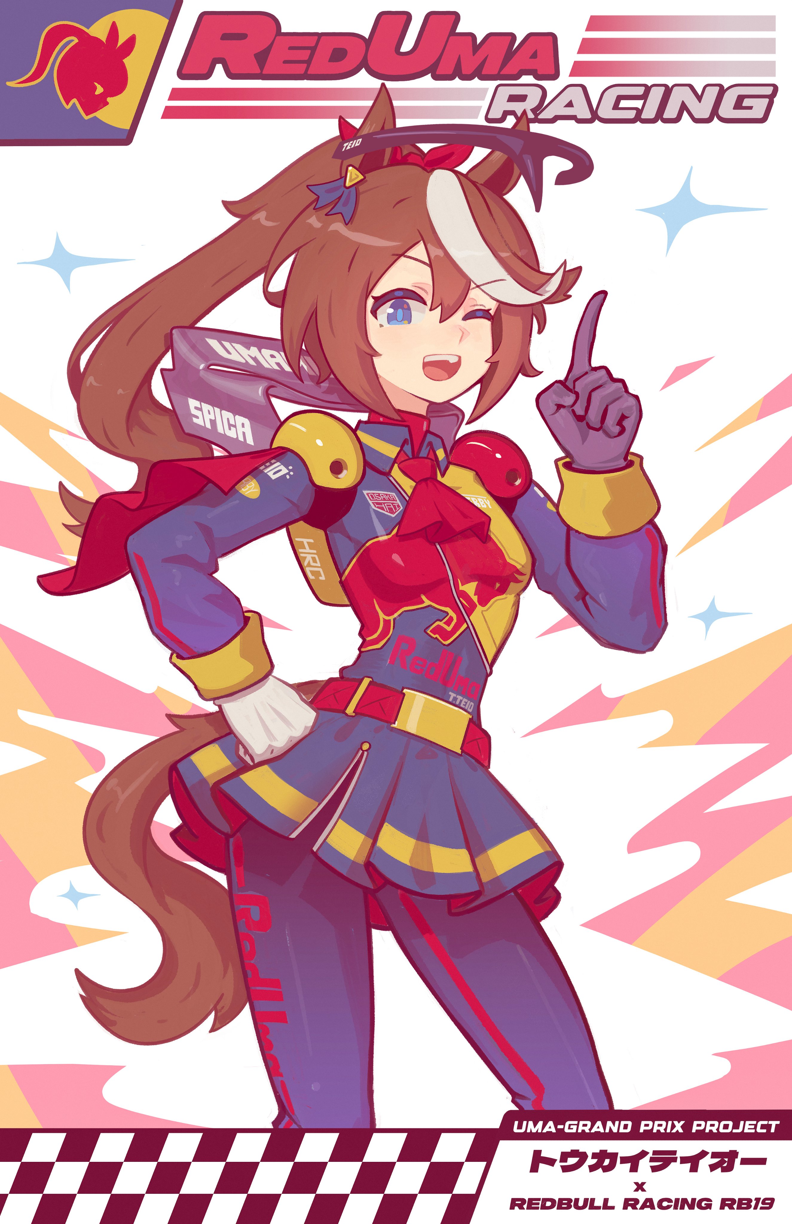 april jubilees, tokai teio (umamusume), formula one, red bull, umamusume, absurdres, commentary, english commentary, highres, 1girl, animal ears, ascot, asymmetrical gloves, black dress, black gloves, black leggings, blue eyes, bow, breasts, brown hair, capelet, dress, ear bow, ear ribbon, gloves, hair between eyes, hair bow, high ponytail, horse ears, horse girl, horse tail, leggings, long hair, long sleeves, looking at viewer, mismatched gloves, multicolored hair, open mouth, ponytail, red ascot, red bow, red capelet, small breasts, smile, solo, spoiler (automobile), streaked hair, tail, teeth, two-tone hair, upper teeth only, white gloves, white hair