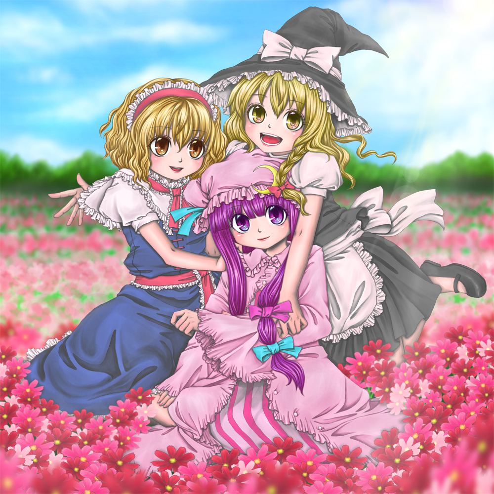 yuu (hi lite), alice margatroid, kirisame marisa, patchouli knowledge, touhou, 3girls, blonde hair, bow, brown eyes, female focus, multiple girls, pink bow, purple eyes, purple hair, yellow eyes