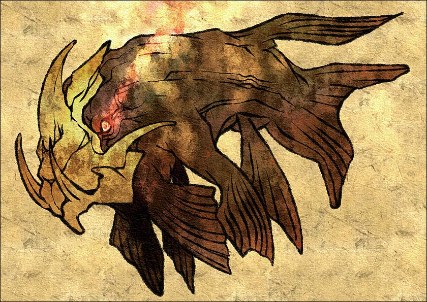 ang, relicanth, nintendo, pokemon, bad id, bad pixiv id, fish, gen 3 pokemon, glowing, glowing eyes, no humans, pokemon (creature), solo