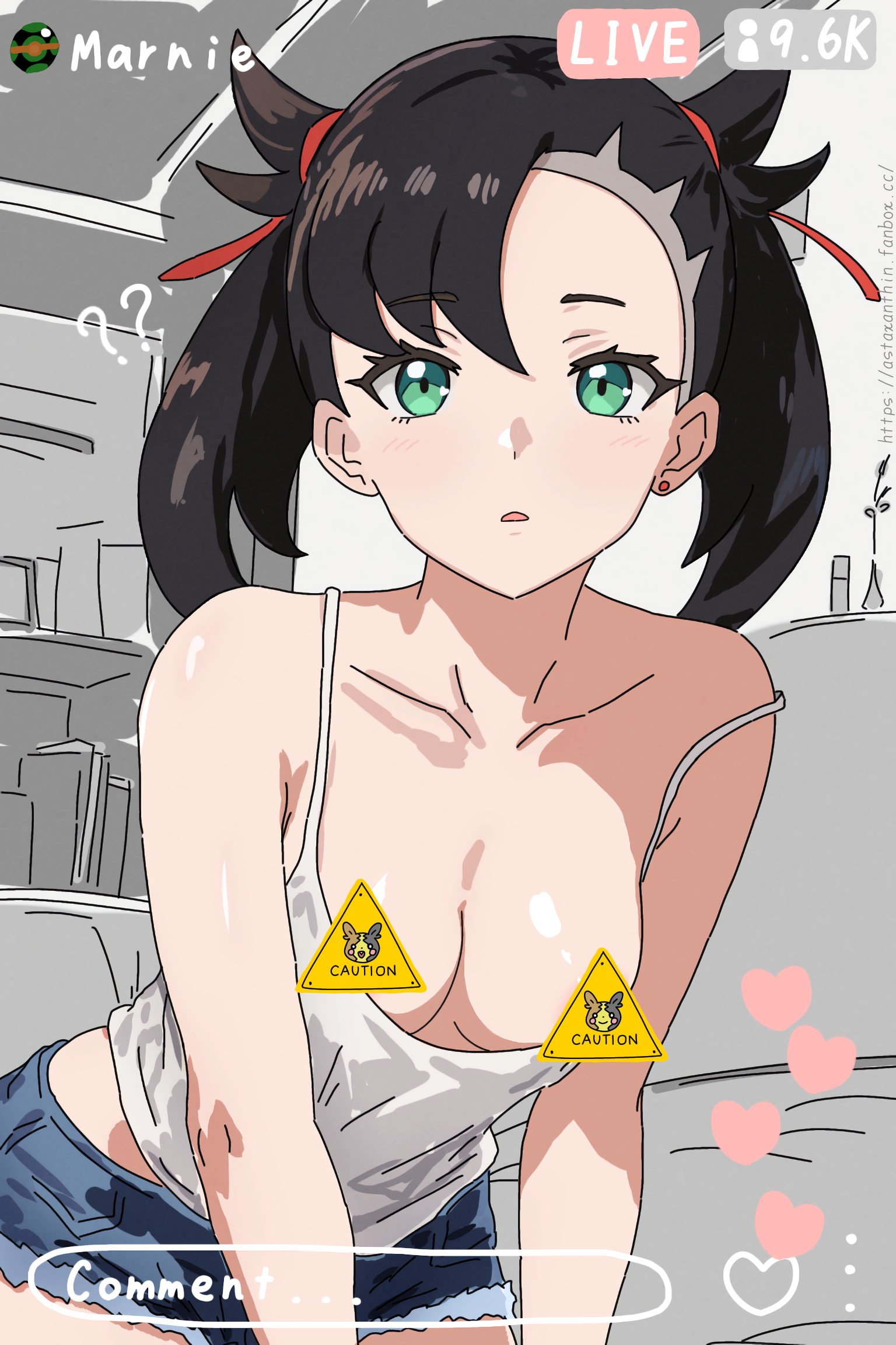 guchapin, marnie (pokemon), morpeko, morpeko (full), nintendo, pokemon, pokemon swsh, highres, 1girl, :o, asymmetrical bangs, black hair, breast slip, breasts, camisole, caution, censored, character censor, collarbone, denim, denim shorts, gen 8 pokemon, green eyes, hair ribbon, heart, indoors, leaning forward, livestream, looking at viewer, novelty censor, parted lips, red ribbon, ribbon, short shorts, shorts, sign, small breasts, solo, strap slip, twintails, undercut, warning sign, white camisole