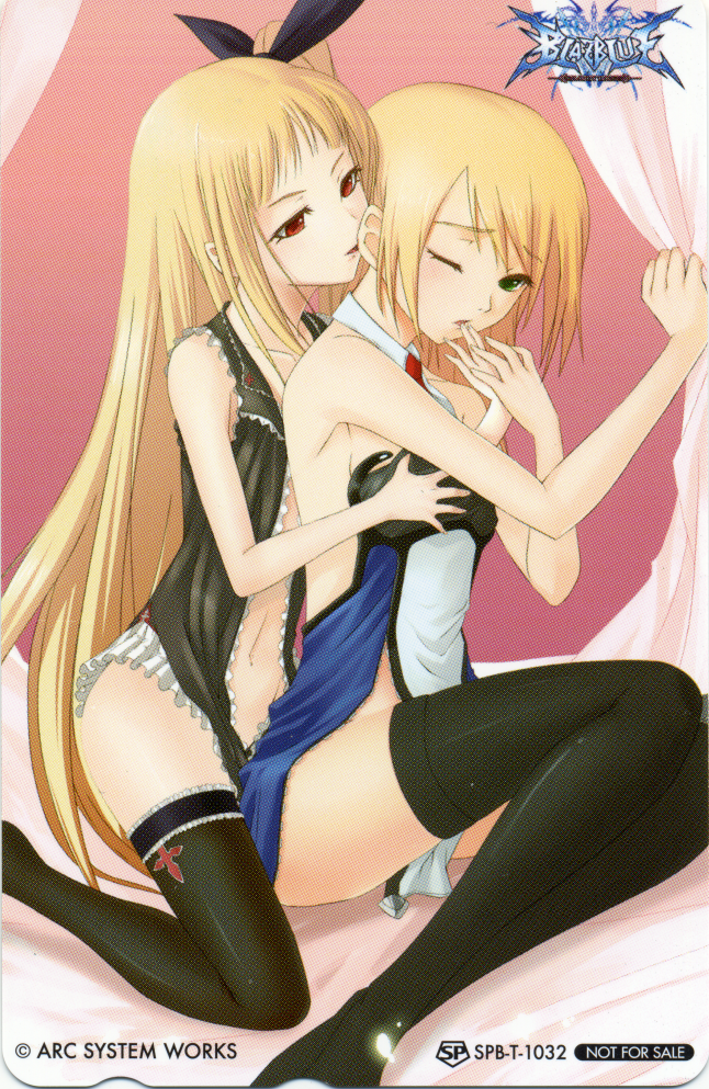 noel vermillion, rachel alucard, arc system works, blazblue, blazblue: calamity trigger, biting ear, official art, 2girls, biting, blonde hair, breasts, camisole, copyright name, grabbing another's breast, green eyes, groping, logo, multiple girls, red eyes, thighhighs, yuri