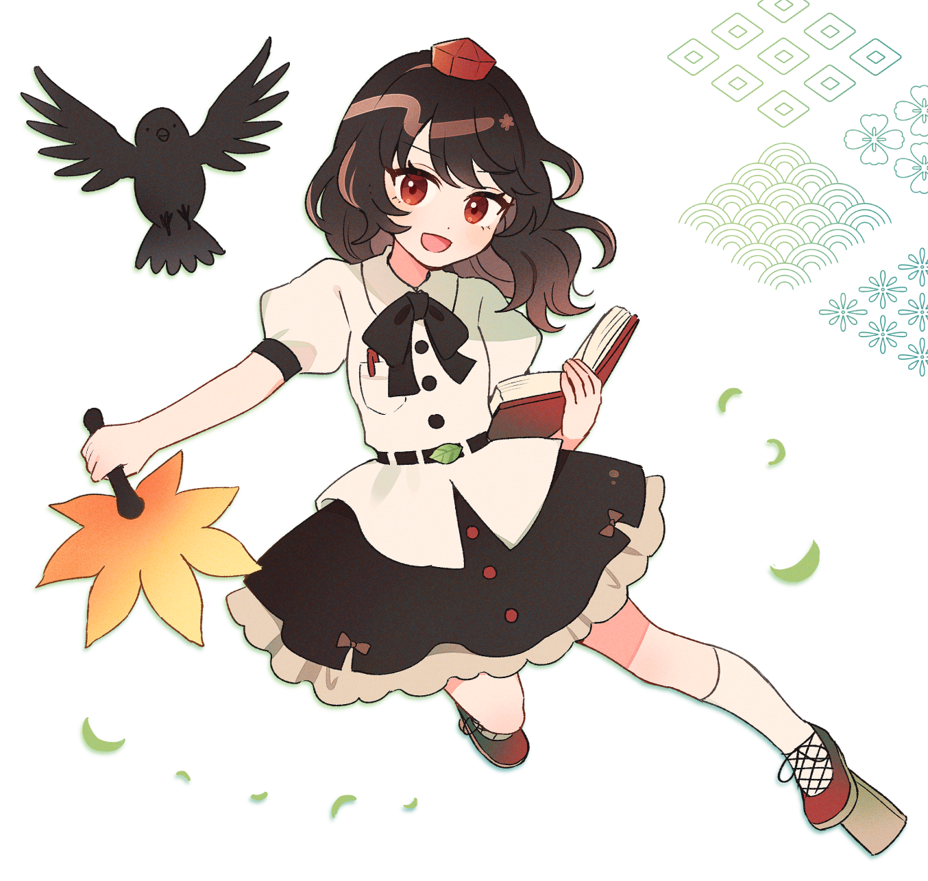 mozukuzu (manukedori), shameimaru aya, touhou, commentary request, highres, 1girl, :d, bird, black bird, black bow, black bowtie, black hair, black skirt, book, bow, bowtie, buttons, collared shirt, crow, full body, geta, hand fan, hat, hauchiwa, holding, holding book, holding fan, kneehighs, long hair, looking at viewer, open mouth, puffy short sleeves, puffy sleeves, red eyes, red hat, red shoes, seigaiha, shirt, shoes, short sleeves, skirt, smile, socks, solo, tengu-geta, tokin hat, white background, white shirt, white socks