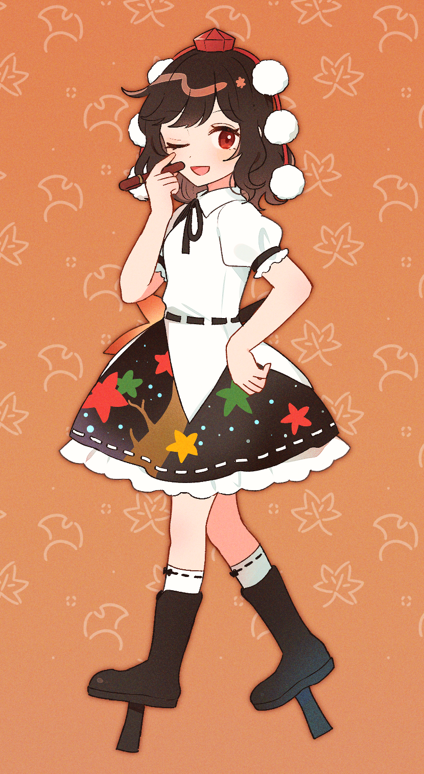 mozukuzu (manukedori), shameimaru aya, hidden star in four seasons, touhou, commentary request, highres, 1girl, ;d, between fingers, black boots, black hair, black ribbon, black skirt, boots, collared shirt, full body, geta, ginkgo leaf, hand up, hat, hauchiwa, holding, holding pen, leaf, looking at viewer, looking to the side, maple leaf, medium hair, neck ribbon, one eye closed, open mouth, orange background, pen, pom pom (clothes), puffy short sleeves, puffy sleeves, red eyes, red hat, ribbon, ribbon-trimmed sleeves, ribbon-trimmed socks, ribbon trim, shirt, short sleeves, skirt, smile, socks, solo, standing, star (symbol), star print, tengu-geta, tokin hat, white ribbon, white shirt, white socks
