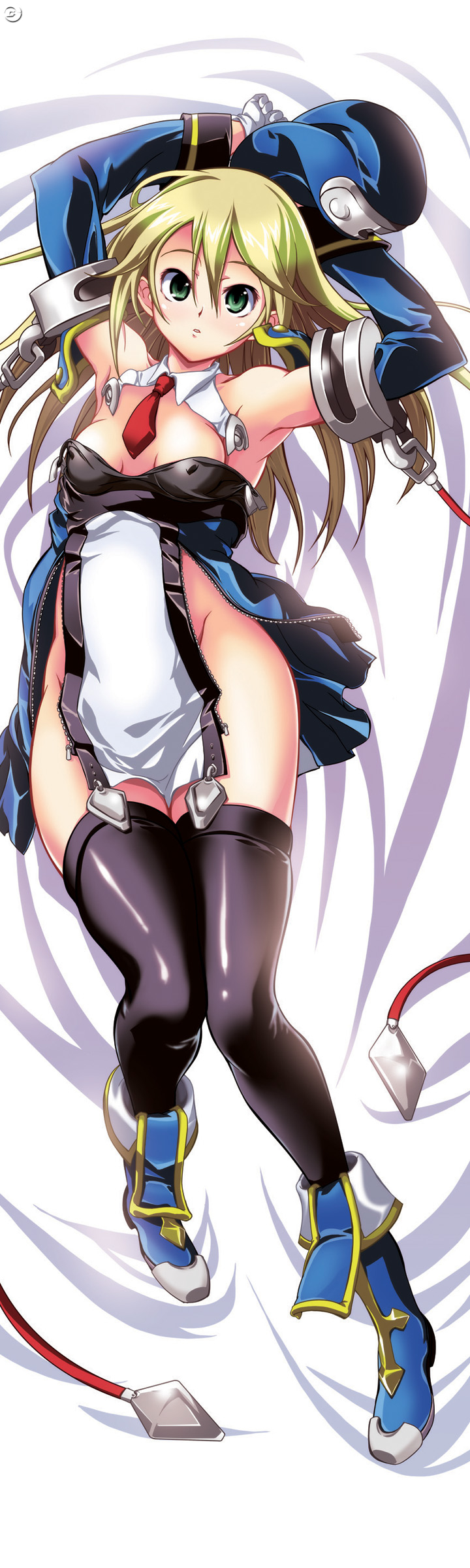noel vermillion, arc system works, blazblue, highres, long image, tall image, 1girl, armpits, beret, blonde hair, blue boots, boots, breasts, dakimakura (medium), detached sleeves, female focus, flat chest, full body, green eyes, hat, no panties, small breasts, solo, thighhighs