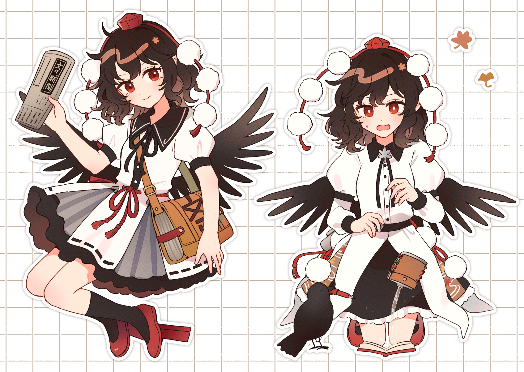 mozukuzu (manukedori), shameimaru aya, touhou, commentary request, highres, 1girl, bag, bird, black bird, black hair, black ribbon, black skirt, black socks, black wings, book, bunbunmaru, buttons, closed mouth, collared shirt, crow, full body, geta, ginkgo leaf, grey skirt, grid background, hat, holding, holding newspaper, juliet sleeves, kneehighs, kneeling, leaf, long sleeves, looking at viewer, maple leaf, medium hair, multiple views, neck ribbon, newspaper, open mouth, outline, pen, pointy ears, pom pom (clothes), puffy short sleeves, puffy sleeves, red eyes, red hat, red shoes, ribbon, shirt, shoes, short sleeves, shoulder bag, skirt, socks, tengu-geta, tokin hat, white background, white outline, white shirt, wings