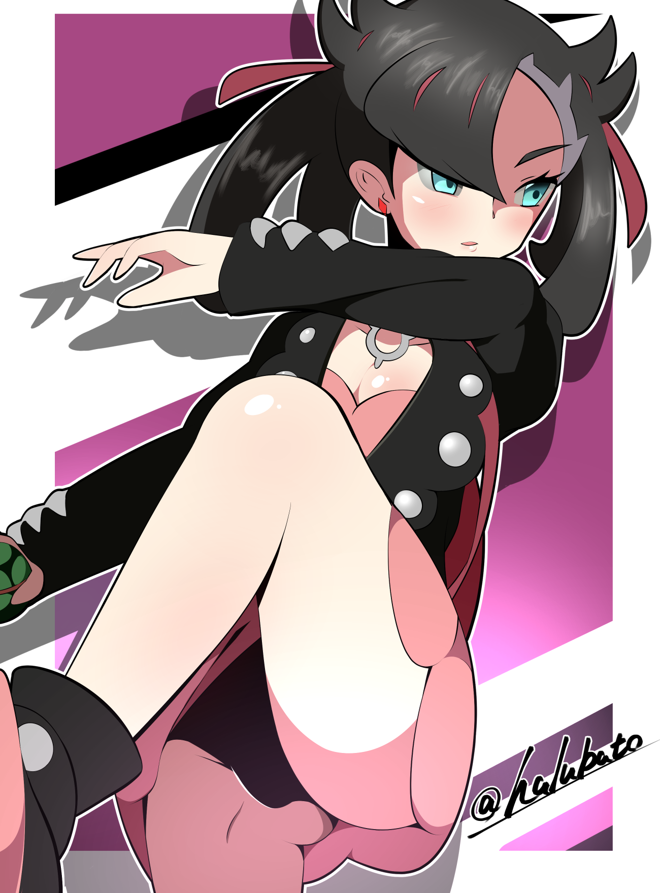 harubato, marnie (pokemon), nintendo, pokemon, pokemon swsh, commentary request, highres, 1girl, asymmetrical bangs, backpack, bag, black hair, black jacket, black panties, border, breasts, cleavage, dress, dusk ball, facing to the side, green eyes, hair ribbon, holding, holding poke ball, jacket, panties, pantyshot, parted lips, pink dress, poke ball, ribbon, small breasts, solo, throwing, underwear, white border