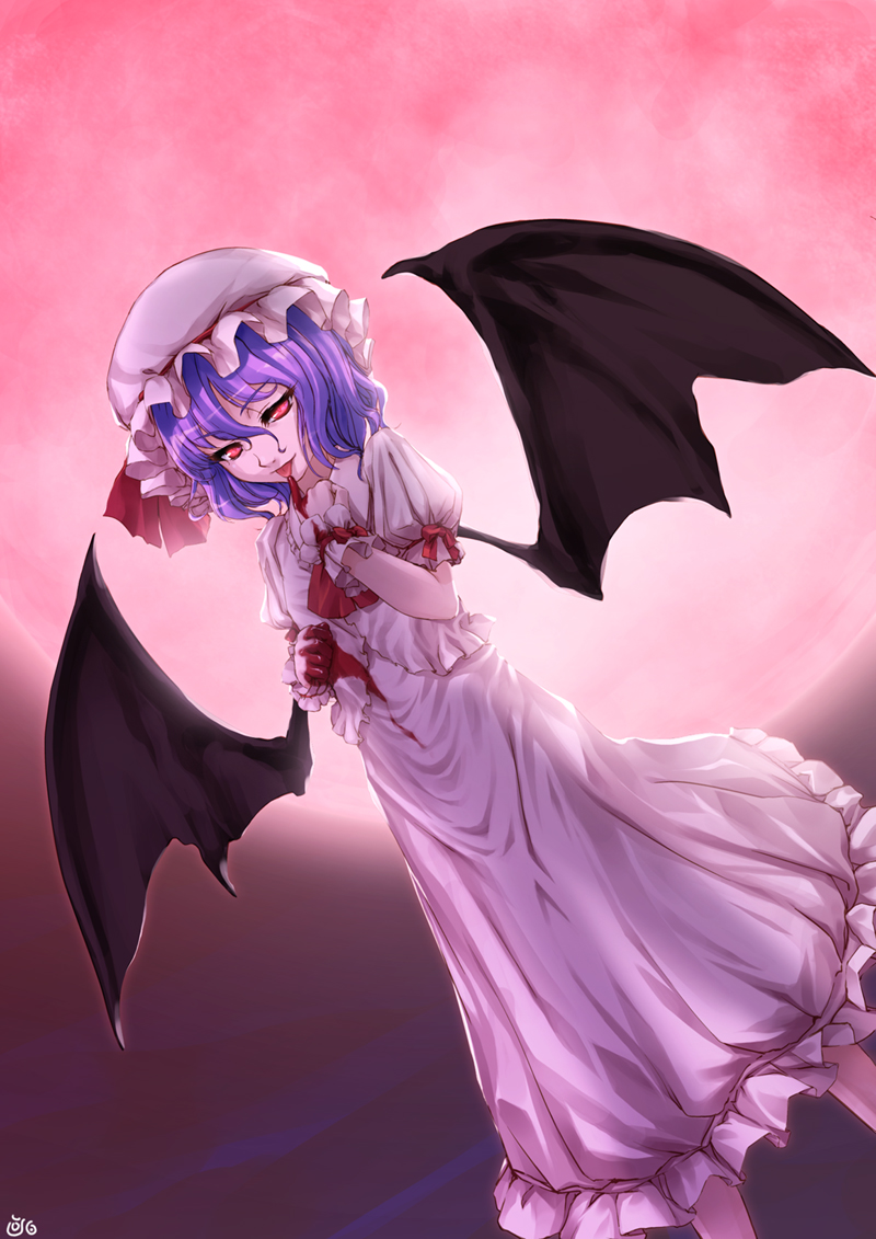 heibonkaeru, remilia scarlet, touhou, light purple hair, 1girl, bat wings, blood, dress, dutch angle, female focus, full moon, hat, licking, moon, purple hair, red eyes, red moon, short hair, solo, tongue, tsurime, wings, wrist cuffs