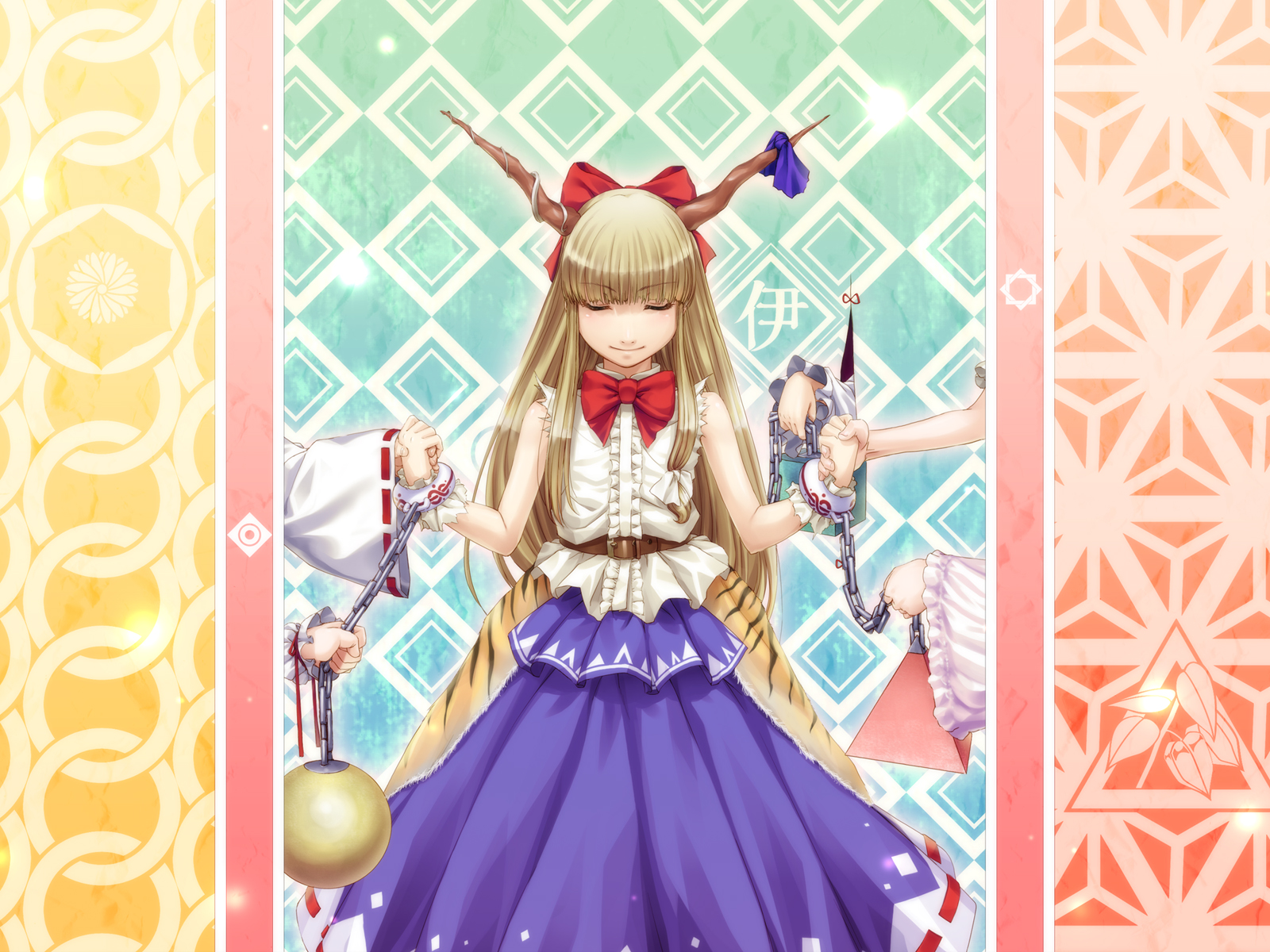 heibonkaeru, hakurei reimu, ibuki suika, kirisame marisa, patchouli knowledge, remilia scarlet, yakumo yukari, touhou, highres, 1girl, blonde hair, blunt bangs, bow, chain, closed eyes, female focus, gap (touhou), hair bow, holding hands, horns, long hair, smile, solo focus, wrist cuffs