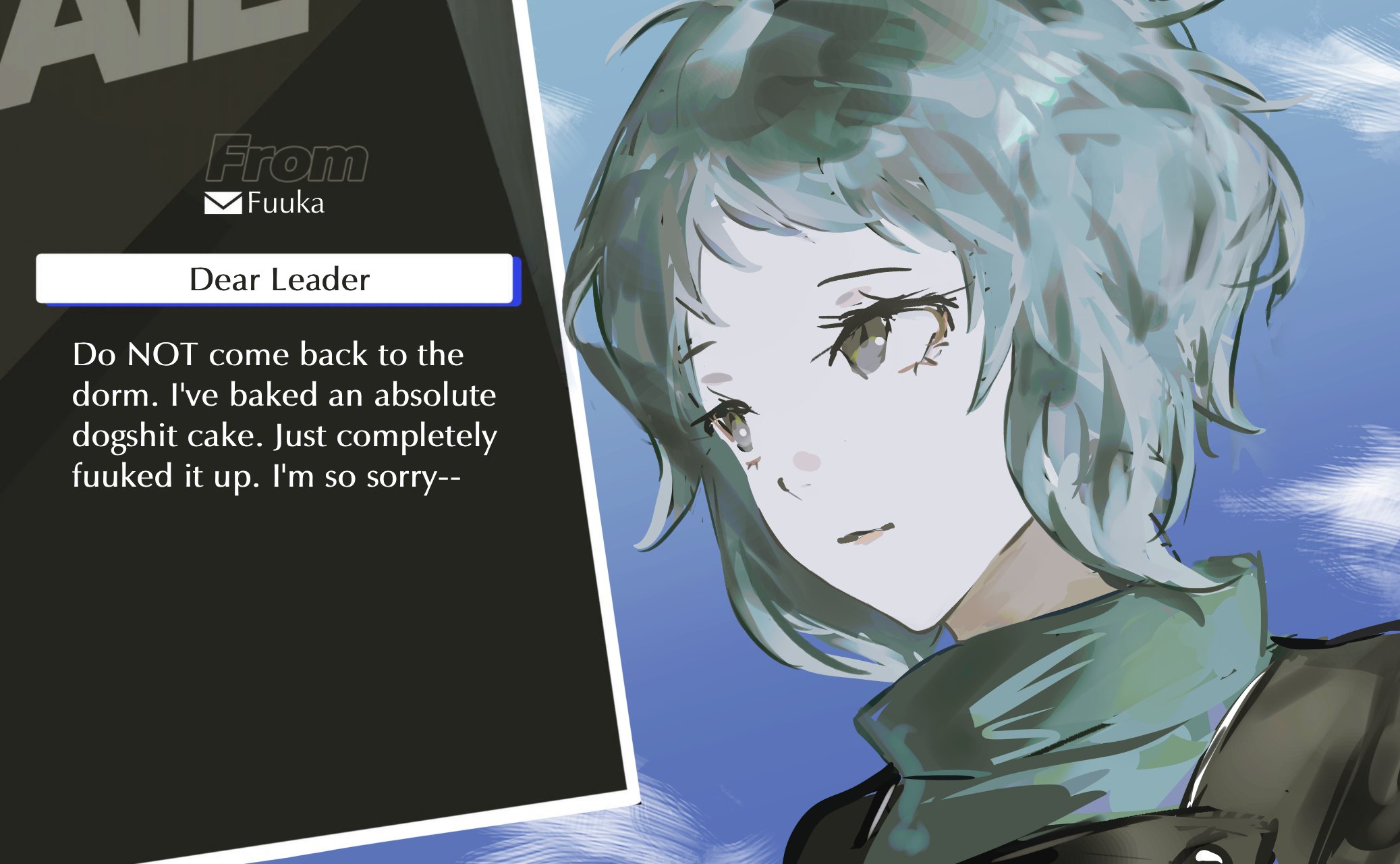 k1kiwa, yamagishi fuuka, mario (series), nintendo, persona, persona 3, persona 3 reload, super mario 64, commentary request, highres, 1girl, aqua hair, aqua shirt, black jacket, blue sky, closed mouth, cloud, cloudy sky, english text, gekkoukan high school uniform, grey eyes, jacket, looking ahead, parody, portrait, school uniform, shirt, short hair, sky, solo, text messaging