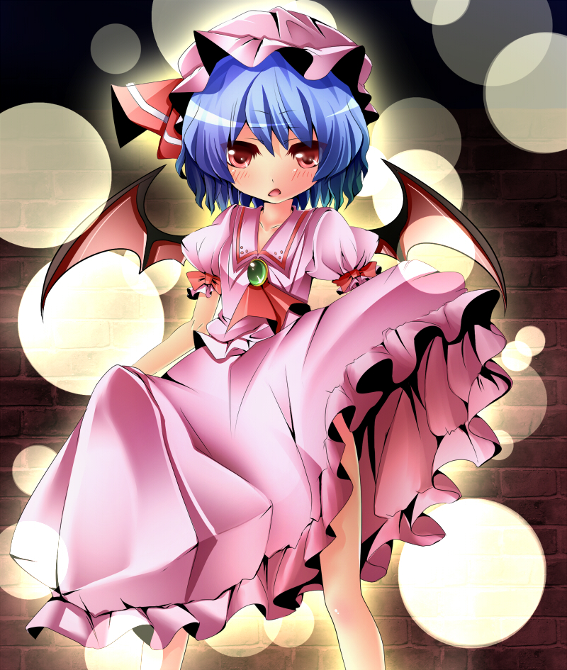 kororotan, remilia scarlet, touhou, bad id, bad pixiv id, 1girl, bat wings, blush, clothes lift, dress, female focus, hat, mob cap, skirt, skirt lift, solo, wings