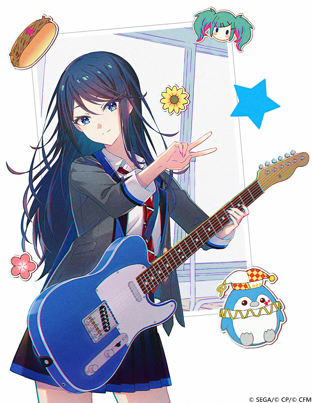 hakusai (tiahszld), hatsune miku, hoshino ichika (project sekai), leo/need miku, project sekai, vocaloid, commentary, highres, symbol-only commentary, 1girl, black hair, black skirt, blue eyes, blue hair, chibi, closed mouth, collared shirt, diagonal-striped clothes, diagonal-striped necktie, electric guitar, flower, grey jacket, guitar, head tilt, holding, holding instrument, instrument, jacket, long hair, looking at viewer, necktie, open clothes, open jacket, pink flower, pleated skirt, red necktie, shirt, skirt, smile, solo, star (symbol), striped clothes, very long hair, white background, white shirt, window, yakisobapan, yellow flower