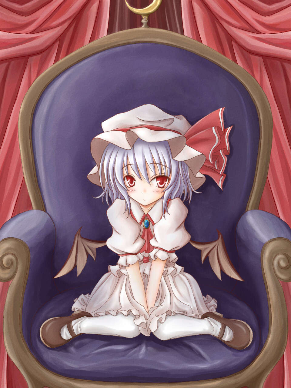 momokumo, remilia scarlet, touhou, bad id, bad pixiv id, highres, 1girl, armchair, bat wings, between thighs, blue hair, blush, chair, curtains, feet on chair, female focus, hat, mary janes, red eyes, shoes, short hair, sitting, solo, thighs, v arms, wariza, wings