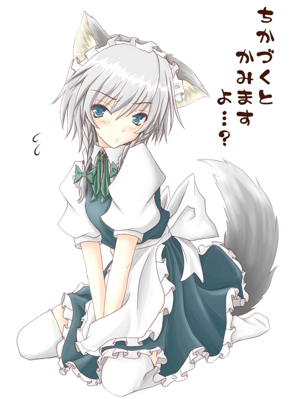 momokumo, inu sakuya (nejikirio), izayoi sakuya, touhou, silver hair, bad id, bad pixiv id, translated, 1girl, animal ears, blue eyes, braid, dog ears, dog tail, female focus, kemonomimi mode, maid, short hair, solo, tail, thighhighs, twin braids