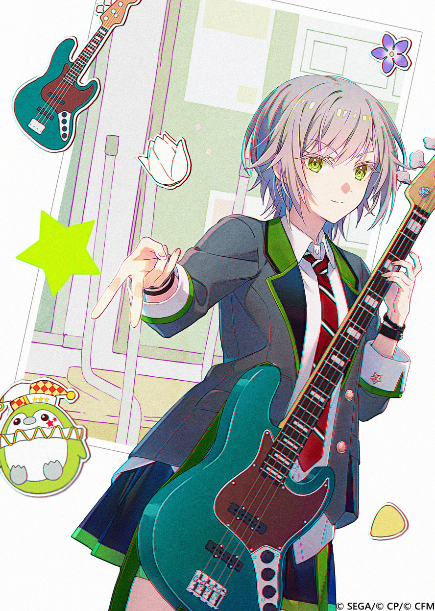 hakusai (tiahszld), hinomori shiho, project sekai, commentary, highres, symbol-only commentary, 1girl, black skirt, blazer, closed mouth, colored eyelashes, diagonal-striped clothes, diagonal-striped necktie, electric guitar, flower, green eyes, grey hair, grey jacket, guitar, holding, holding instrument, instrument, jacket, looking at viewer, necktie, open clothes, open jacket, pleated skirt, plectrum, purple flower, red necktie, short hair, skirt, smile, solo, striped clothes, v, white flower