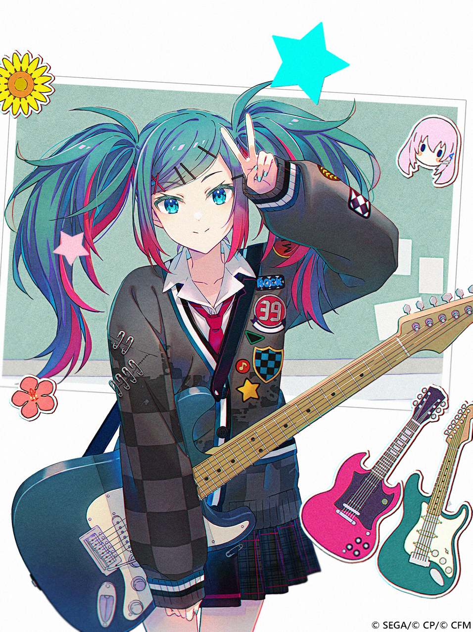 hakusai (tiahszld), hatsune miku, leo/need luka, leo/need miku, megurine luka, project sekai, vocaloid, character request, check character, commentary, highres, symbol-only commentary, 1girl, arm up, black skirt, blue eyes, blue hair, blue nails, checkered clothes, checkered jacket, chibi, closed mouth, collared shirt, dress shirt, electric guitar, flower, gradient hair, grey jacket, guitar, instrument, jacket, long sleeves, multicolored hair, nail polish, necktie, pink flower, plaid clothes, plaid skirt, pleated skirt, puffy long sleeves, puffy sleeves, red hair, red necktie, shirt, skirt, sleeves past wrists, smile, solo, star (symbol), streaked hair, twintails, v, white background, white shirt, yellow flower