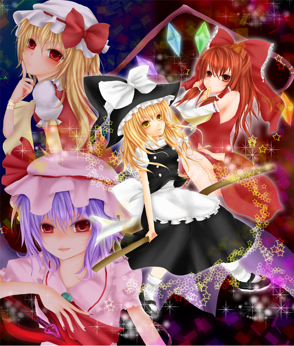 aosa, aosa (electricspark), flandre scarlet, hakurei reimu, kirisame marisa, remilia scarlet, touhou, light purple hair, bad id, bad pixiv id, 4girls, apron, blonde hair, blunt bangs, brown hair, crystal, demon wings, female focus, hat, looking at viewer, mary janes, mob cap, multiple girls, red eyes, shoes, short hair, siblings, sisters, waist apron, wings, witch hat
