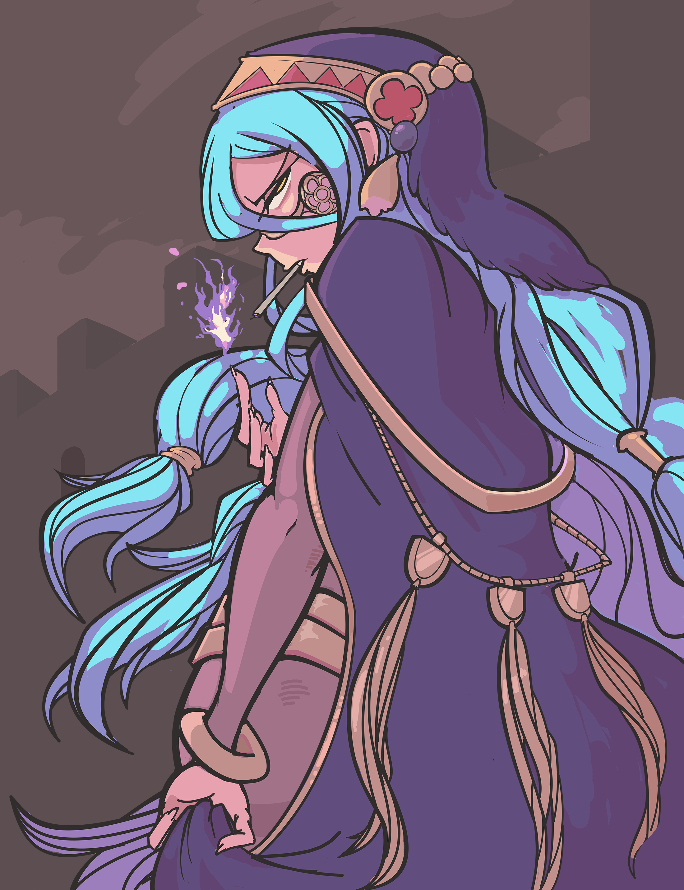 davewaterfalls, azura (fire emblem), fire emblem, fire emblem fates, nintendo, blue hair, bodystocking, cape, cigarette, looking at viewer, magic, smoking, tharja (fire emblem) (cosplay), yellow eyes