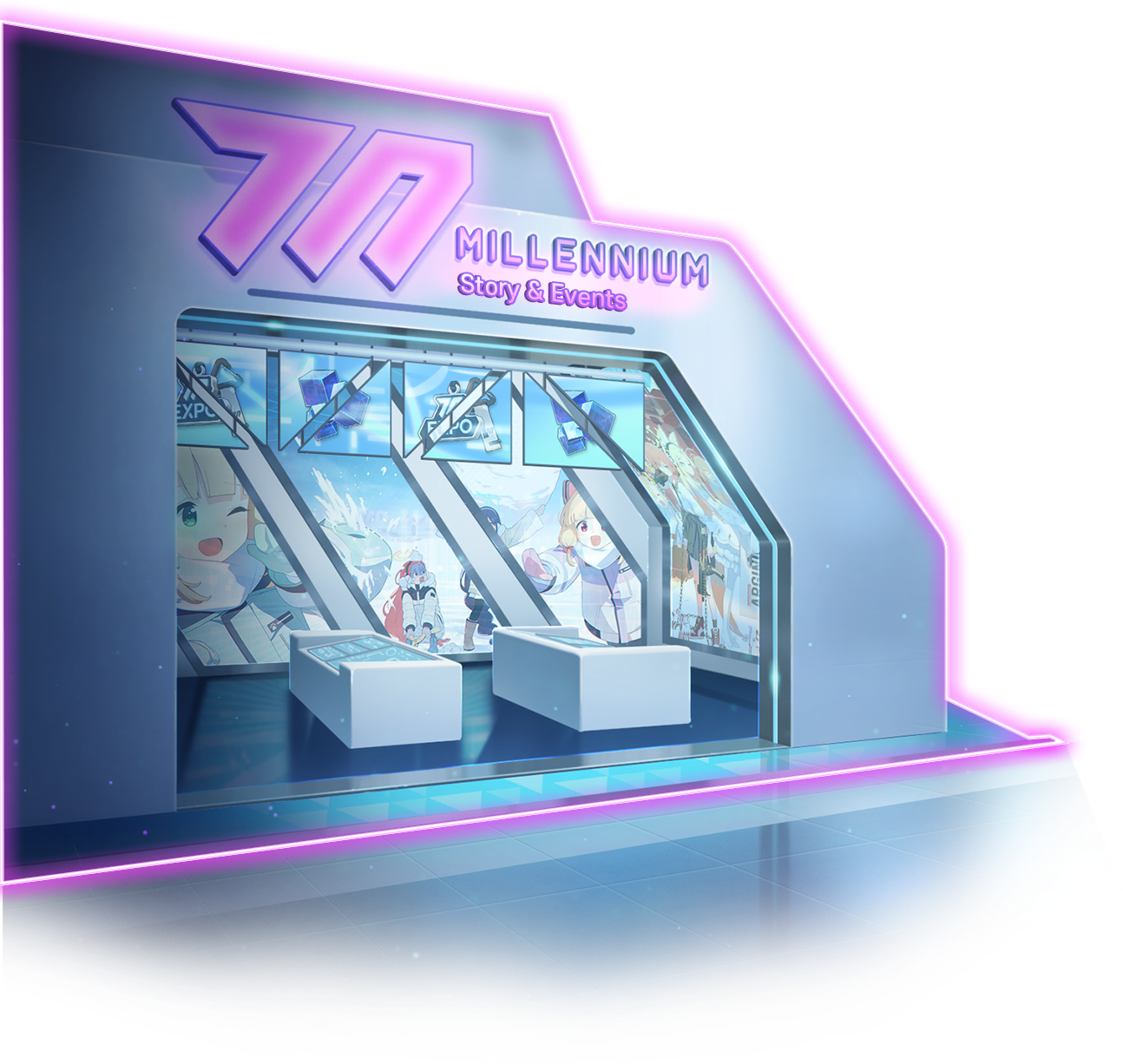 aris (blue archive), midori (blue archive), momoi (blue archive), neru (blue archive), neru (school uniform) (blue archive), seia (blue archive), yuzu (blue archive), blue archive, official art, tagme, :d, english text, green eyes, millennium science school logo, open mouth, red eyes, smile, snowball, transparent background, weapon