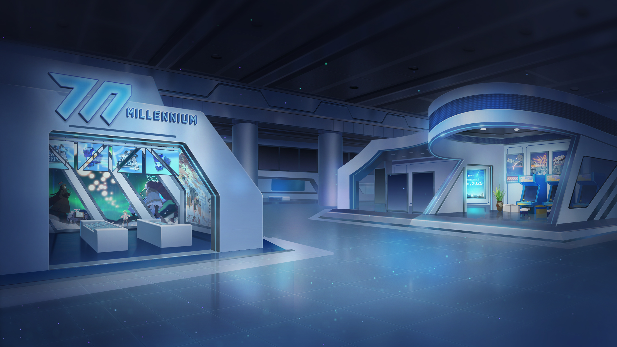 aris (blue archive), avant garde (blue archive), momoi (blue archive), neru (blue archive), neru (school uniform) (blue archive), rio (blue archive), seia (blue archive), blue archive, official art, tagme, arcade cabinet, aurora, black halo, blue halo, english text, geburah (blue archive), gun, halo, indoors, laser cannon, millennium science school logo, multicolored halo, pink halo, plant, red halo, robot, weapon