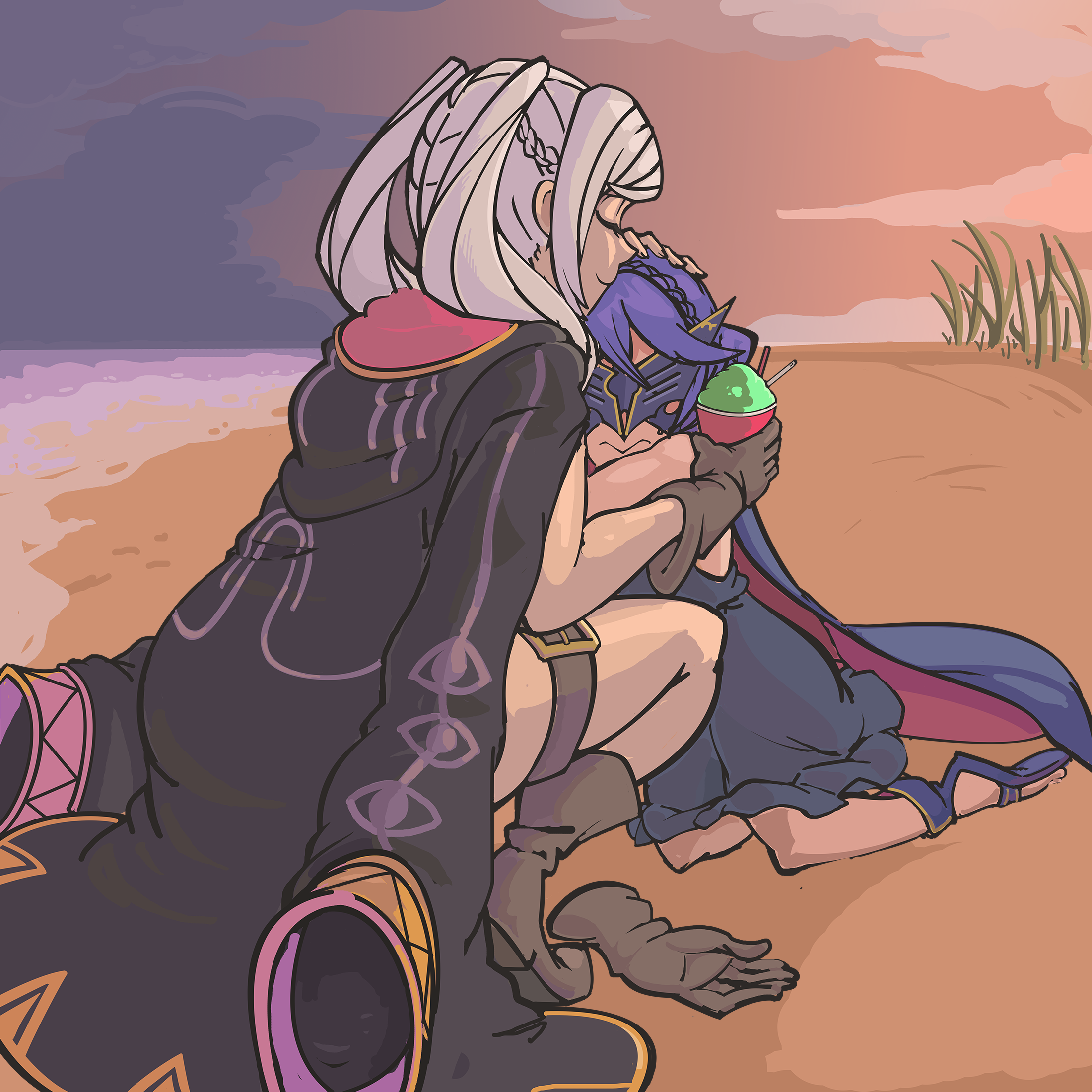 davewaterfalls, female robin (fire emblem), female robin (seaside tactician) (fire emblem), lucina (fire emblem), marth (fire emblem awakening), fire emblem, fire emblem awakening, fire emblem heroes, nintendo, alternate hairstyle, beach, blue hair, boots, braid, closed eyes, cloud, comforting, covered eyes, cup, dress, food, gloves, hand on another's head, hug, mask, mother and daughter, ocean, official alternate costume, robe, sand, sandals, shaved ice, skindentation, straw, sunset, swimsuit, swimsuit under clothes, thigh strap, twintails, white hair