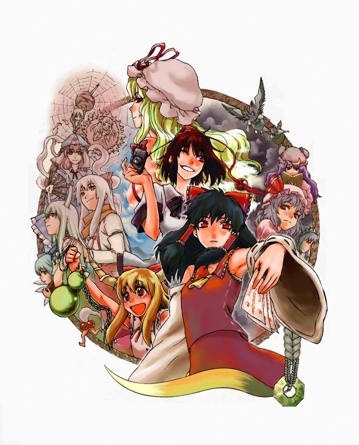 takahashi yoshi gyou, takahasi yoshiyuki, cirno, ex-keine, fujiwara no mokou, hakurei reimu, ibuki suika, izayoi sakuya, kamishirasawa keine, kurodani yamame, mystia lorelei, patchouli knowledge, reiuji utsuho, remilia scarlet, saigyouji yuyuko, shameimaru aya, yakumo yukari, gensou suikoden, gensou suikoden ii, touhou, highres, 6+girls, ascot, everyone, from side, multiple girls, parody, yellow ascot