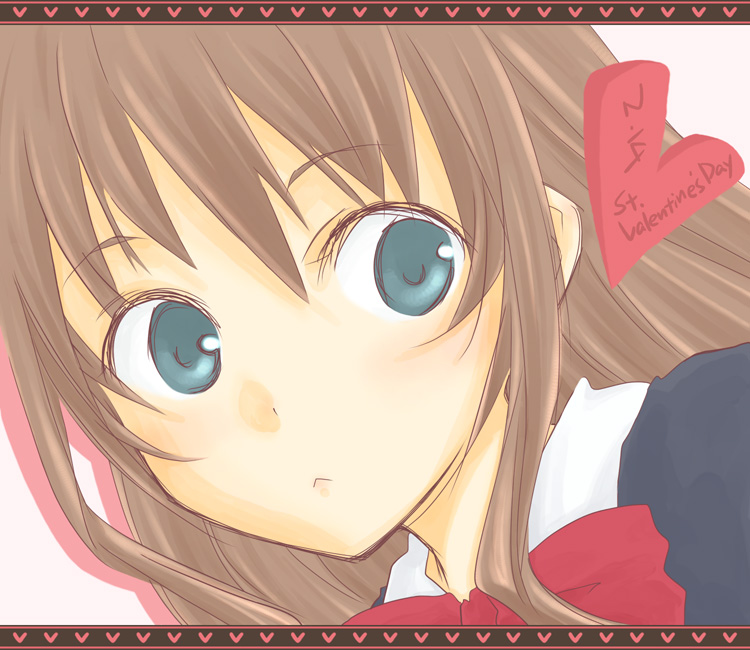 seri natsume, original, :<, blush, bow, bowtie, brown hair, green eyes, heart, solo, valentine
