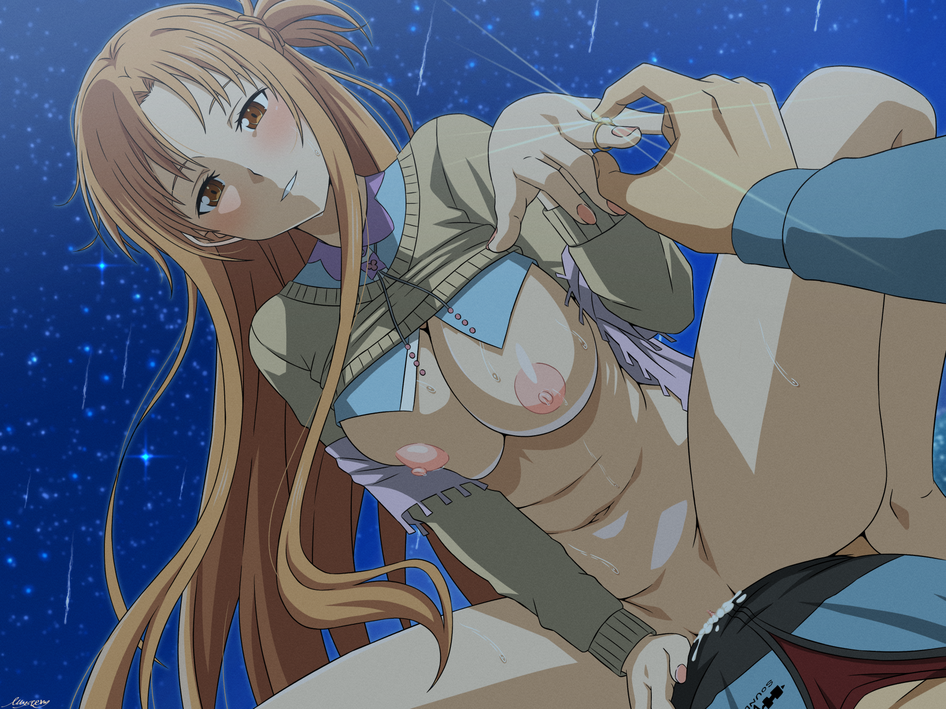 mysteryctu, asuna (sao), kirito, sword art online, commentary request, highres, 1boy, 1girl, breasts, brown eyes, brown hair, clothed sex, cowgirl position, cum, cum in pussy, girl on top, happy sex, hetero, jewelry, long hair, looking at viewer, navel, nipples, no bra, no panties, pubic hair, pussy, ring, sex, smile, spread legs, straddling, vaginal, wedding ring