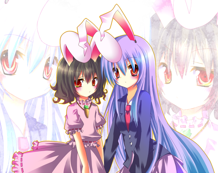 reia, inaba tewi, reisen udongein inaba, touhou, bad id, bad pixiv id, 2girls, animal ears, black hair, blazer, female focus, jacket, long hair, multiple girls, necktie, purple hair, rabbit ears, red eyes, short hair, zoom layer