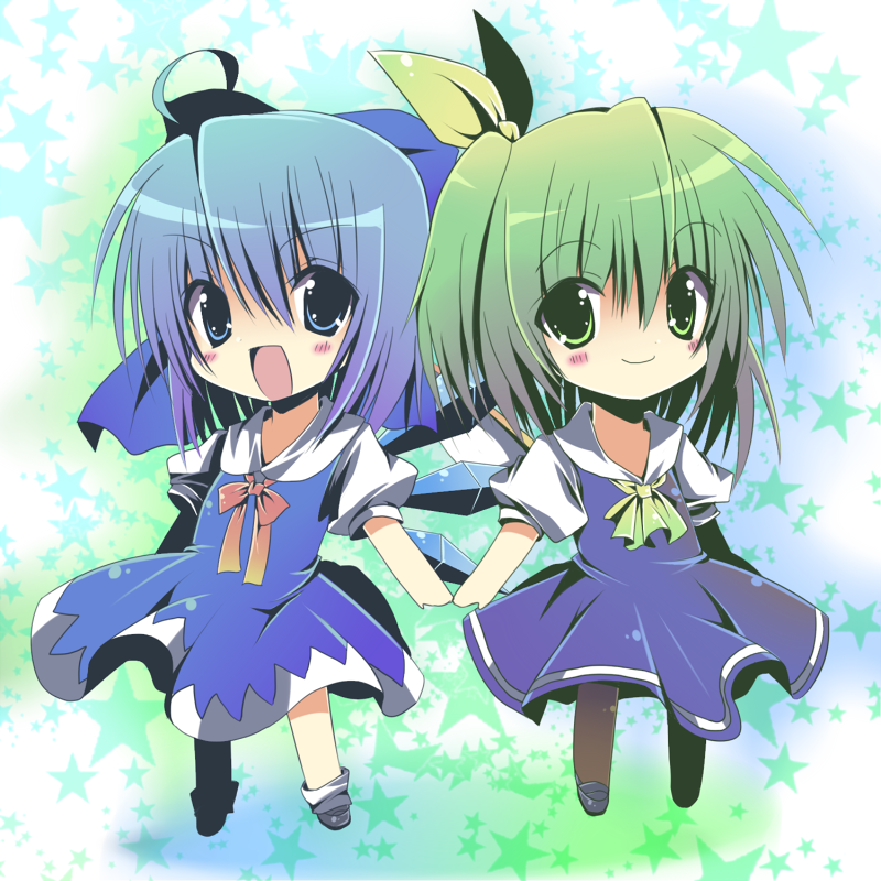 reia, cirno, daiyousei, embodiment of scarlet devil, touhou, bad id, bad pixiv id, 2girls, ahoge, blue eyes, blue hair, bow, chibi, green eyes, green hair, hair bow, multiple girls, pantyhose, short hair, side ponytail, wings