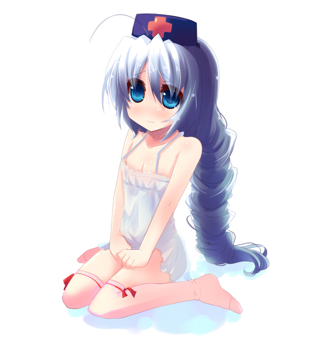 shin (new), yagokoro eirin, touhou, silver hair, 1girl, aged down, blue eyes, braid, female focus, hat, long hair, nightgown, sitting, solo, thighhighs, wariza