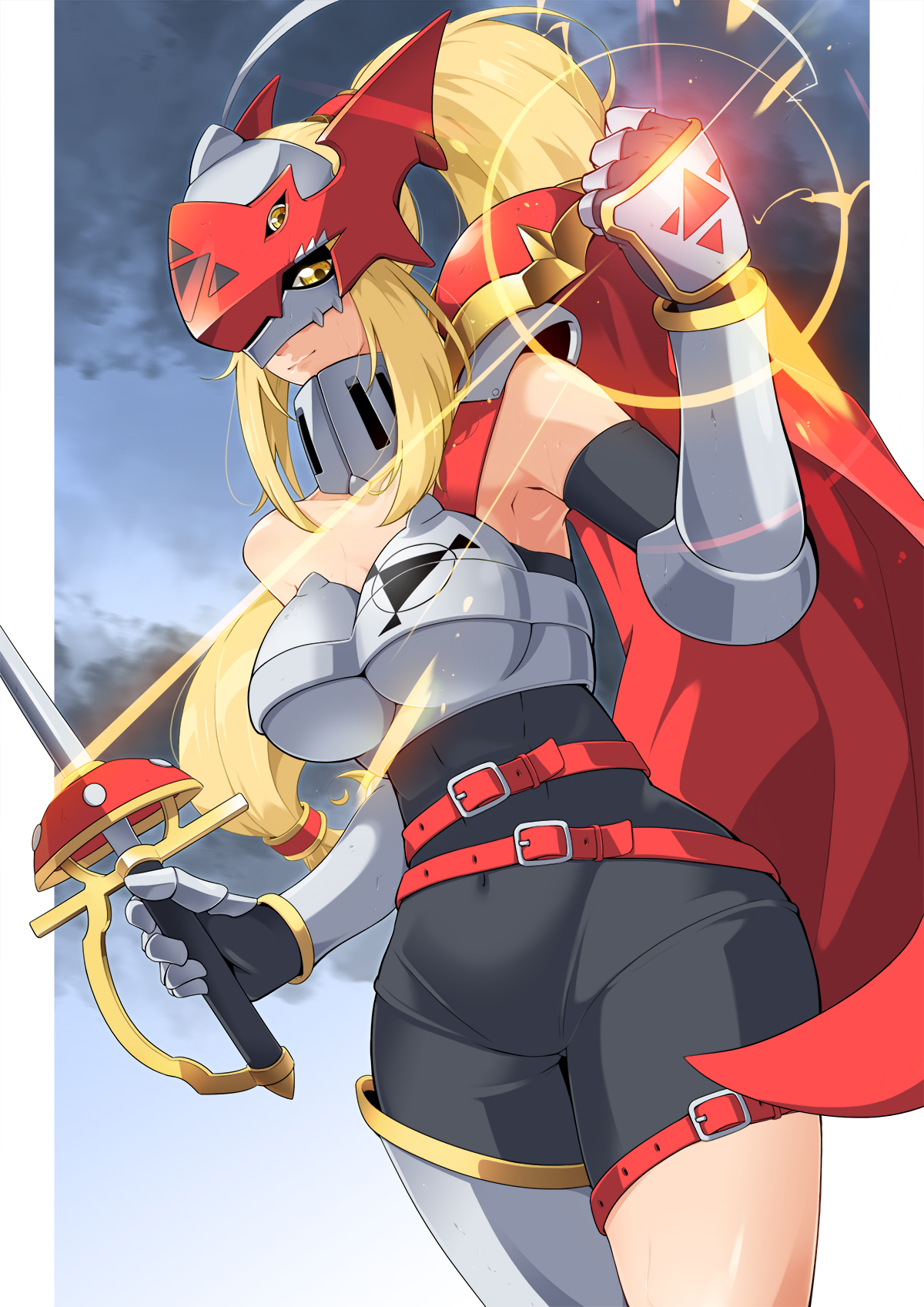 gamiani zero, dukemon, digimon, commentary request, highres, 1girl, armor, breasts, cape, cleavage, digimoji, digital hazard, genderswap, genderswap (mtf), helmet, holding, holding weapon, humanization, knight, large breasts, long hair, ponytail, red cape, simple background, solo, weapon, white armor, white helmet, yellow eyes