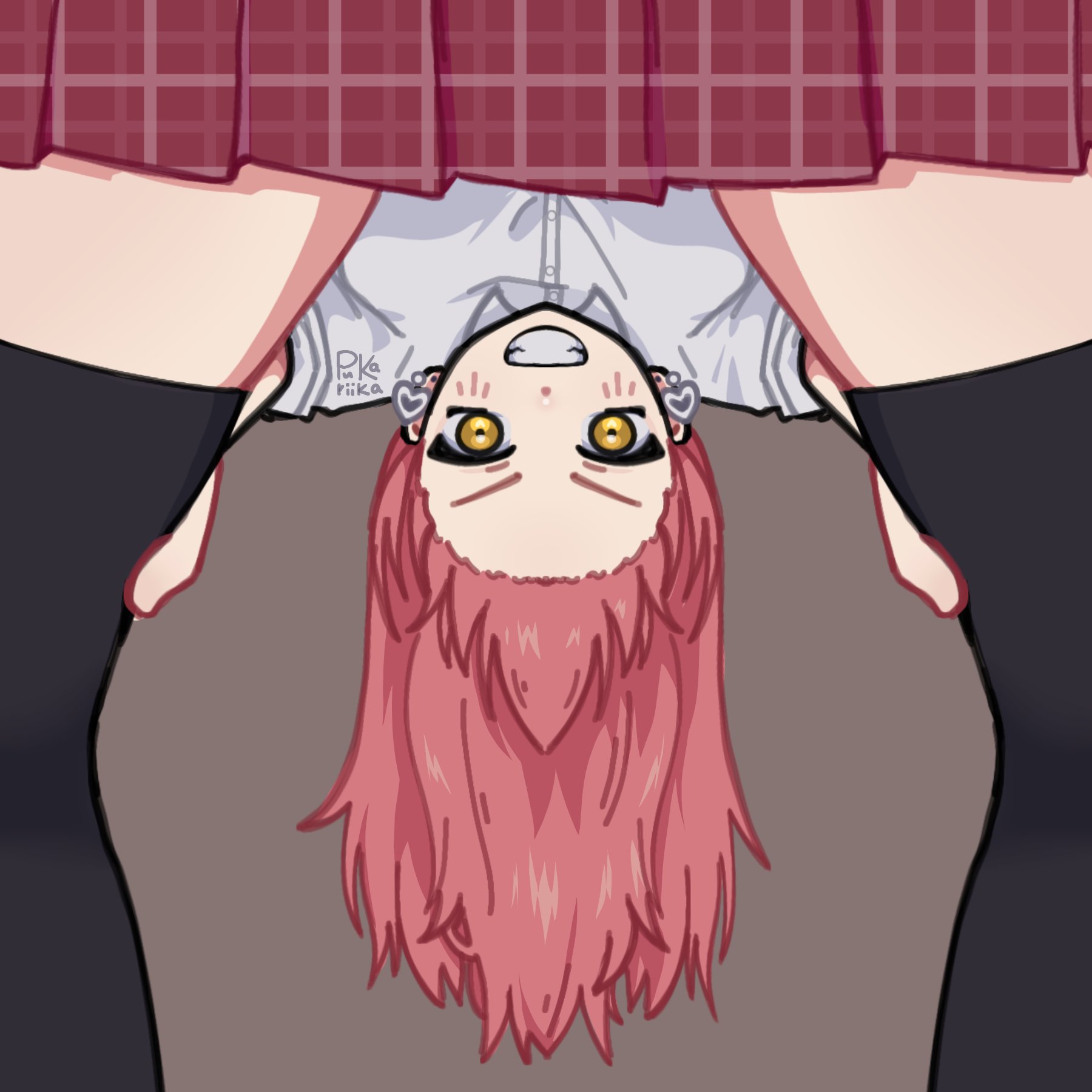 gina (undead unluck), undead unluck, commentary, english commentary, highres, 1girl, checkered clothes, checkered skirt, earrings, hair down, heart, heart earrings, jewelry, pink hair, red skirt, riikatopor12, shirt, simple background, skirt, smile, spread legs, standing, upside-down, white shirt, yellow eyes