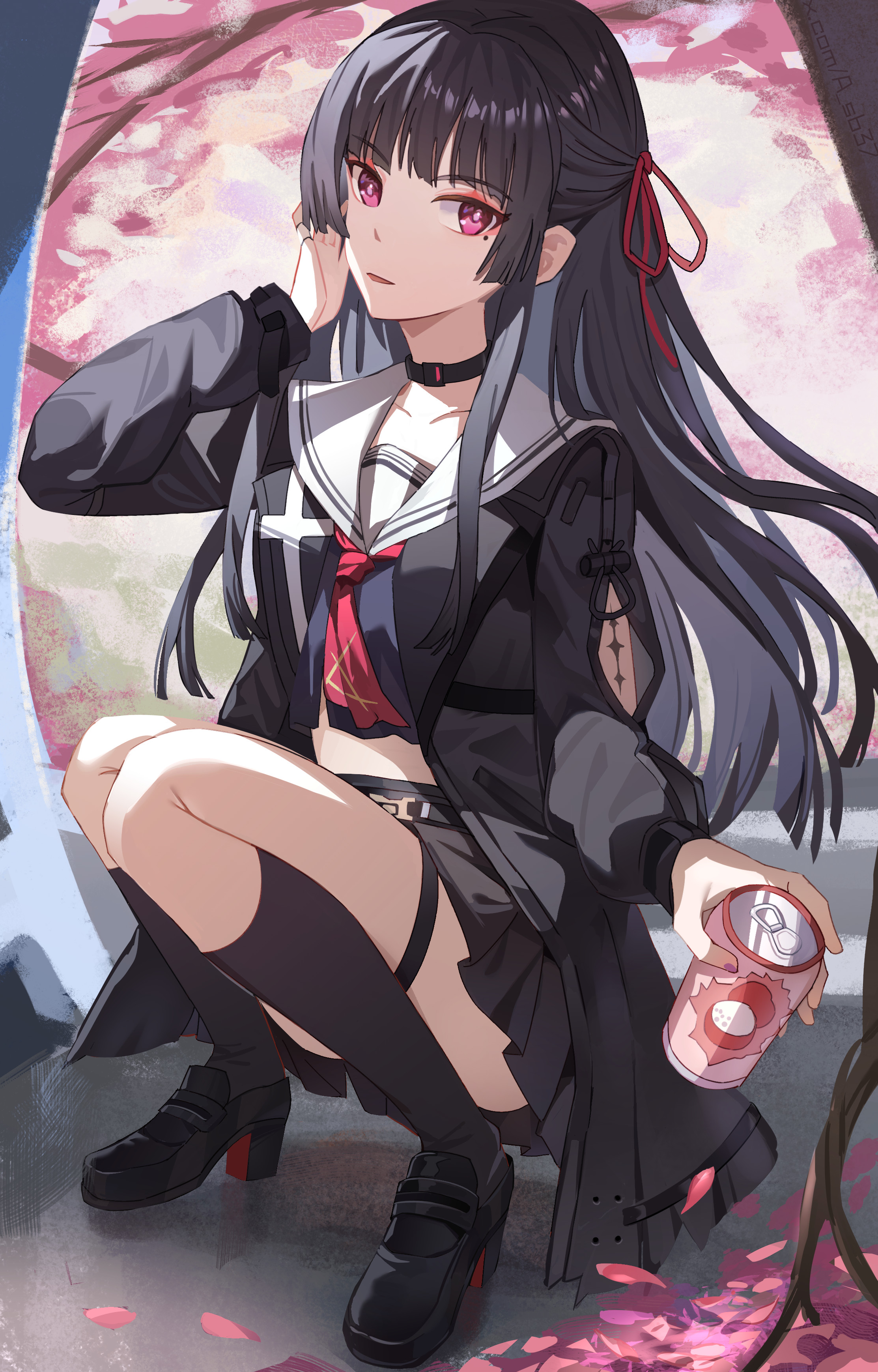 chisa (wuthering waves), wuthering waves, absurdres, chinese commentary, commentary request, highres, 1girl, arm cutout, black choker, black hair, black jacket, black shirt, black shoes, black skirt, can, choker, clothing cutout, crop top, drink can, hair ribbon, hand up, holding, holding can, jacket, long hair, long sleeves, looking at viewer, midriff, mole, mole under eye, neckerchief, neo777, parted lips, red eyes, red neckerchief, red ribbon, ribbon, sailor collar, shirt, shoes, skirt, solo, squatting, thigh strap, white sailor collar
