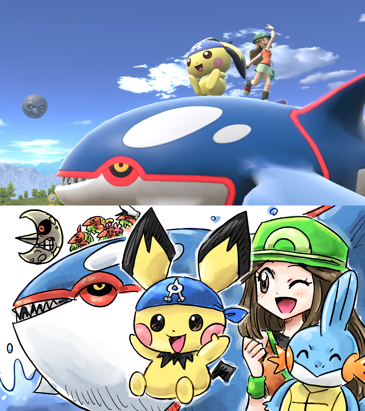 kicdon, drake (pokemon), four giants, glacia (pokemon), kyogre, leaf (pokemon), lunatone, moon (zelda), mudkip, phoebe (pokemon), pichu, sidney (pokemon), nintendo, pokemon, pokemon emerald, pokemon frlg, pokemon rse, super smash bros., the legend of zelda, the legend of zelda: majora's mask, highres, alternate color, bandana, blue bandana, blue sky, brown eyes, brown hair, clenched hand, cosplay, drake (pokemon) (cosplay), flower, game screenshot inset, gen 2 pokemon, gen 3 pokemon, glacia (pokemon) (cosplay), green hat, hair flower, hair ornament, hat, legendary pokemon, one eye closed, phoebe (pokemon) (cosplay), player 2, pokemon (creature), sailor hat, sidney (pokemon) (cosplay), sky, smile, team aqua
