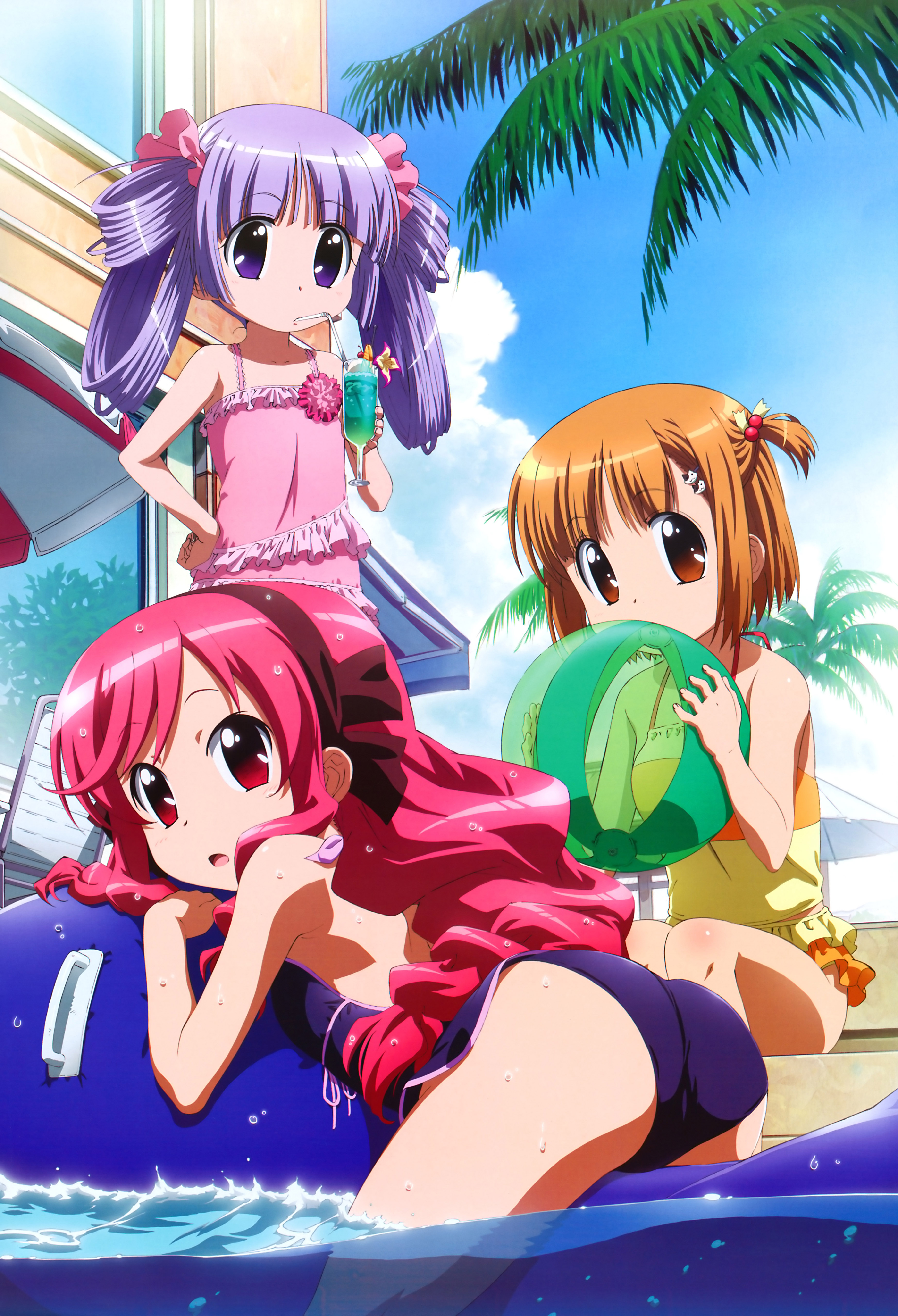 amano saki, kujiin mika, nakamachi kana, kanamemo, nyantype, frilled swimsuit, absurdres, highres, non-web source, 00s, 3girls, ass, ball, beach umbrella, bent over, bikini, brown eyes, brown hair, casual one-piece swimsuit, day, drink, drinking straw, frills, hair bobbles, hair ornament, hairband, hand on own hip, headband, hip focus, inflatable raft, long hair, multiple girls, one-piece swimsuit, outdoors, palm tree, parasol, pink hair, pool, poolside, purple eyes, purple hair, red eyes, red hair, short hair, short twintails, sitting, swimsuit, tankini, tree, twintails, umbrella, very long hair, wading, water, wet
