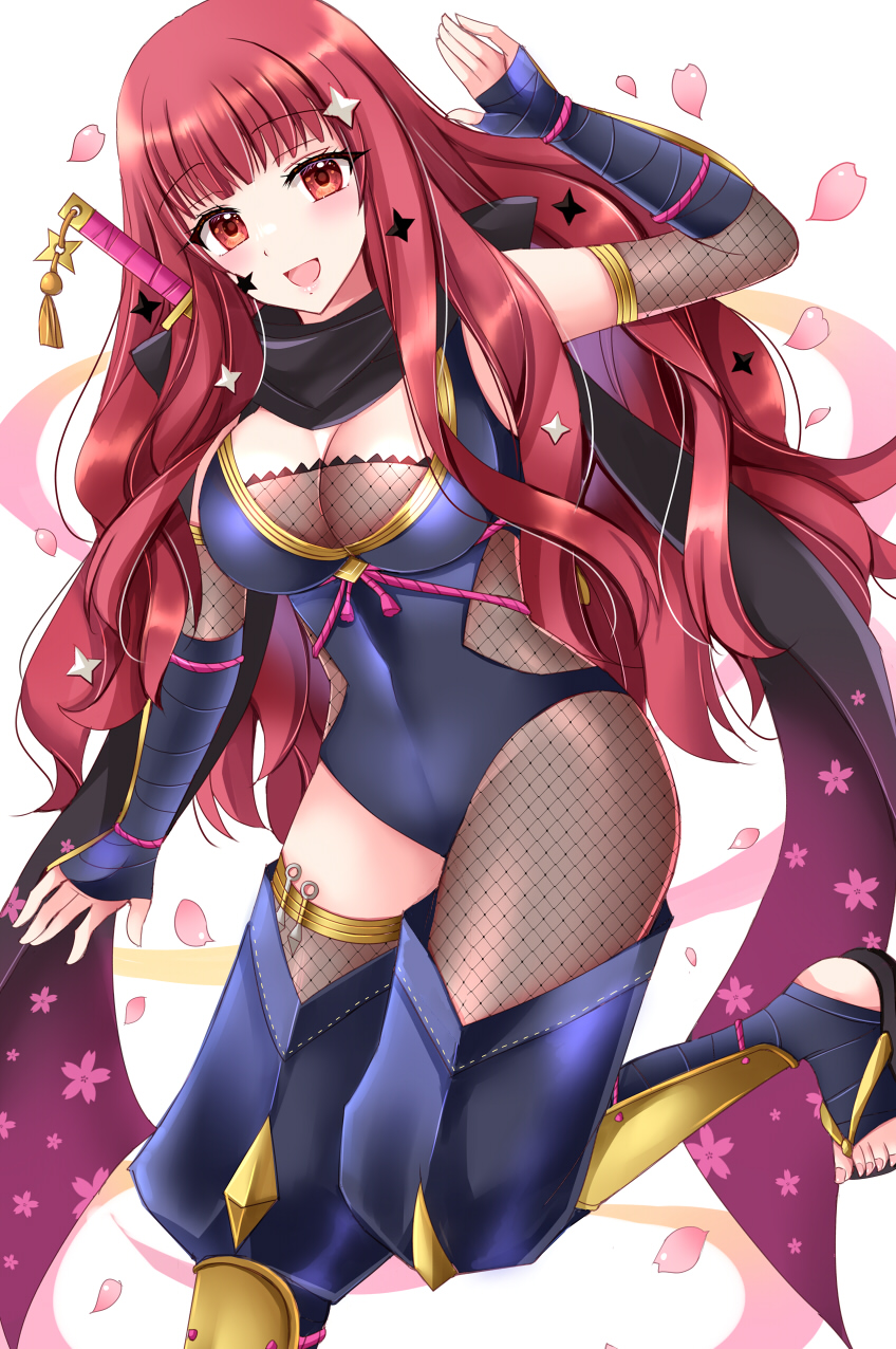 kirishima riona, yunaka (fire emblem), yunaka (stealthy imitator) (fire emblem), fire emblem, fire emblem engage, fire emblem heroes, nintendo, commentary request, highres, 1girl, :d, arm wrap, asymmetrical legwear, black scarf, blush, bodystocking, breasts, cleavage, covered navel, facial mark, fishnet bodystocking, fishnet thighhighs, fishnets, gradient scarf, hair ornament, japanese clothes, knife, large breasts, long hair, looking at viewer, ninja, official alternate costume, open mouth, petals, red eyes, red hair, sandals, scarf, shuriken, shuriken hair ornament, smile, solo, star (symbol), star facial mark, star hair ornament, sword, thighhighs, thighs, weapon, weapon in garters