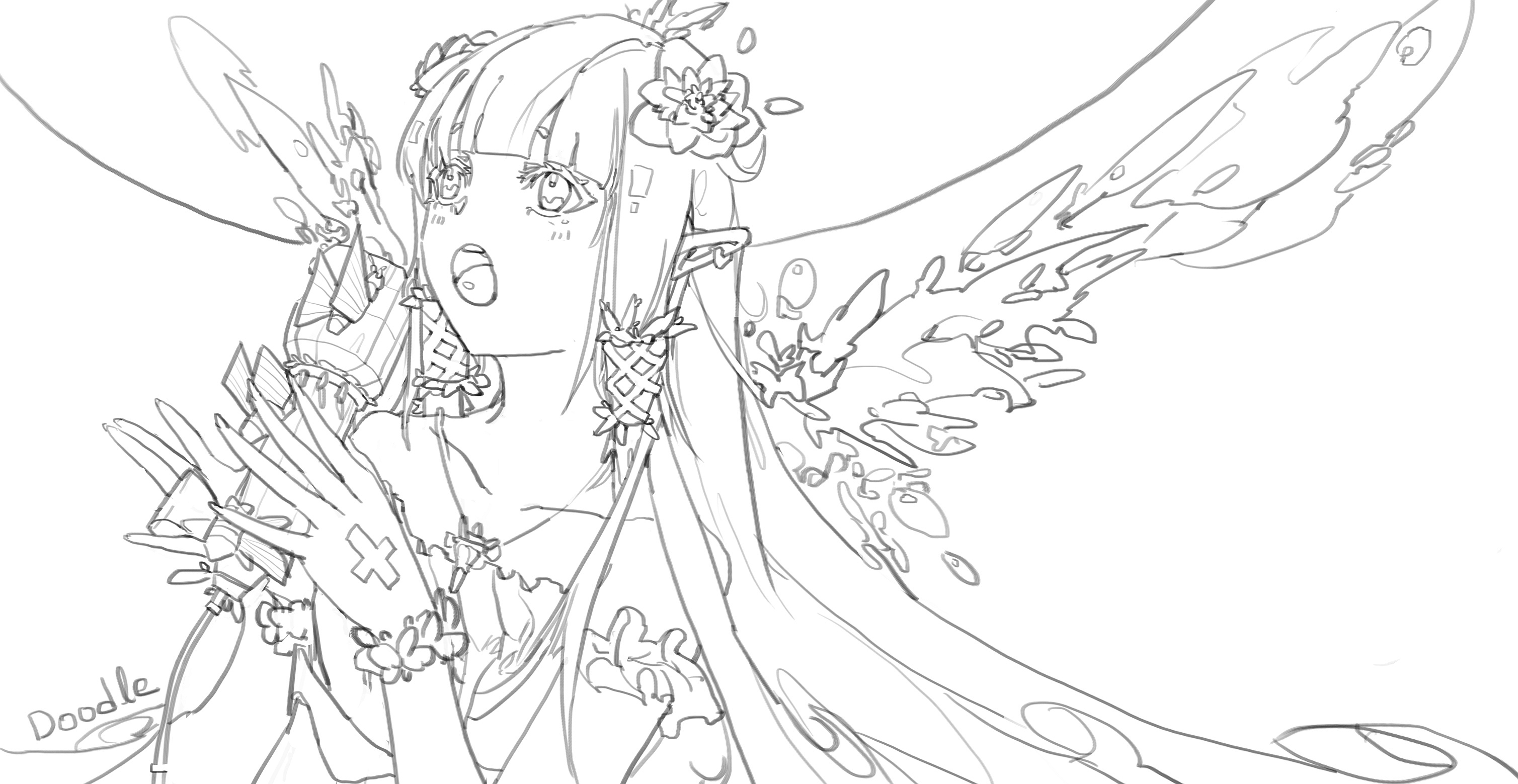 original, highres, bare shoulders, flower, holding, ink, music, singing, water, x annn x