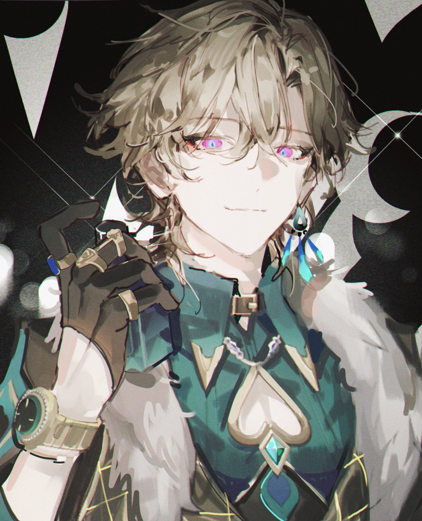 kkuekkue (chifer1958), aventurine (honkai: star rail), honkai: star rail, honkai (series), commentary request, highres, korean commentary, 1boy, bishounen, black background, black gloves, black jacket, blonde hair, cleavage cutout, closed mouth, clothing cutout, collared shirt, earrings, fur-trimmed jacket, fur trim, gem, gloves, green shirt, hair between eyes, half gloves, hand up, jacket, jewelry, looking at viewer, male focus, medium hair, multicolored eyes, multiple rings, purple eyes, ring, shirt, smile, solo, sparkle, upper body, watch, wristwatch