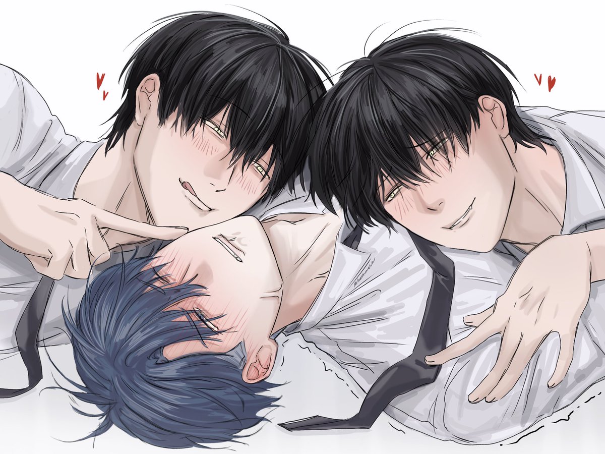 special civil servant, 3boys, black hair, black necktie, blue hair, blush, clone, collared shirt, fang, hair between eyes, han maru, hanmaruate, heart, looking at another, male focus, multiple boys, naughty face, necktie, seon-woo eden, shirt, short hair, simple background, tongue, tongue out, white background, white shirt, yaoi, yellow eyes