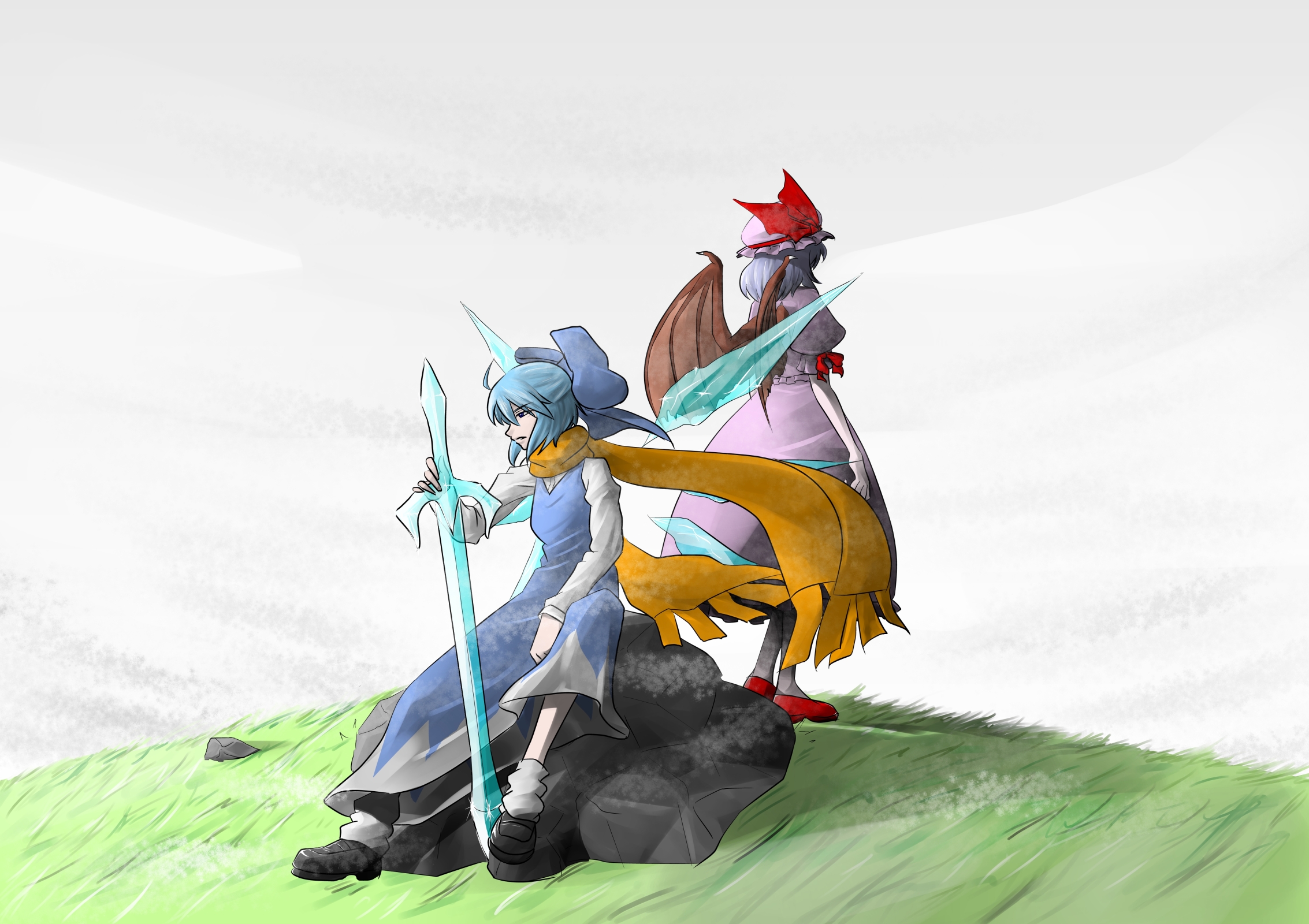 null (hakugenya), cirno, cirno-nee, remilia scarlet, touhou, highres, 2girls, blue eyes, blue hair, blue theme, bow, crystal sword, dress, grass, hair bow, hat, ice, multiple girls, red theme, rock, scarf, serious, shoes, sitting, sparkle, standing, sword, weapon