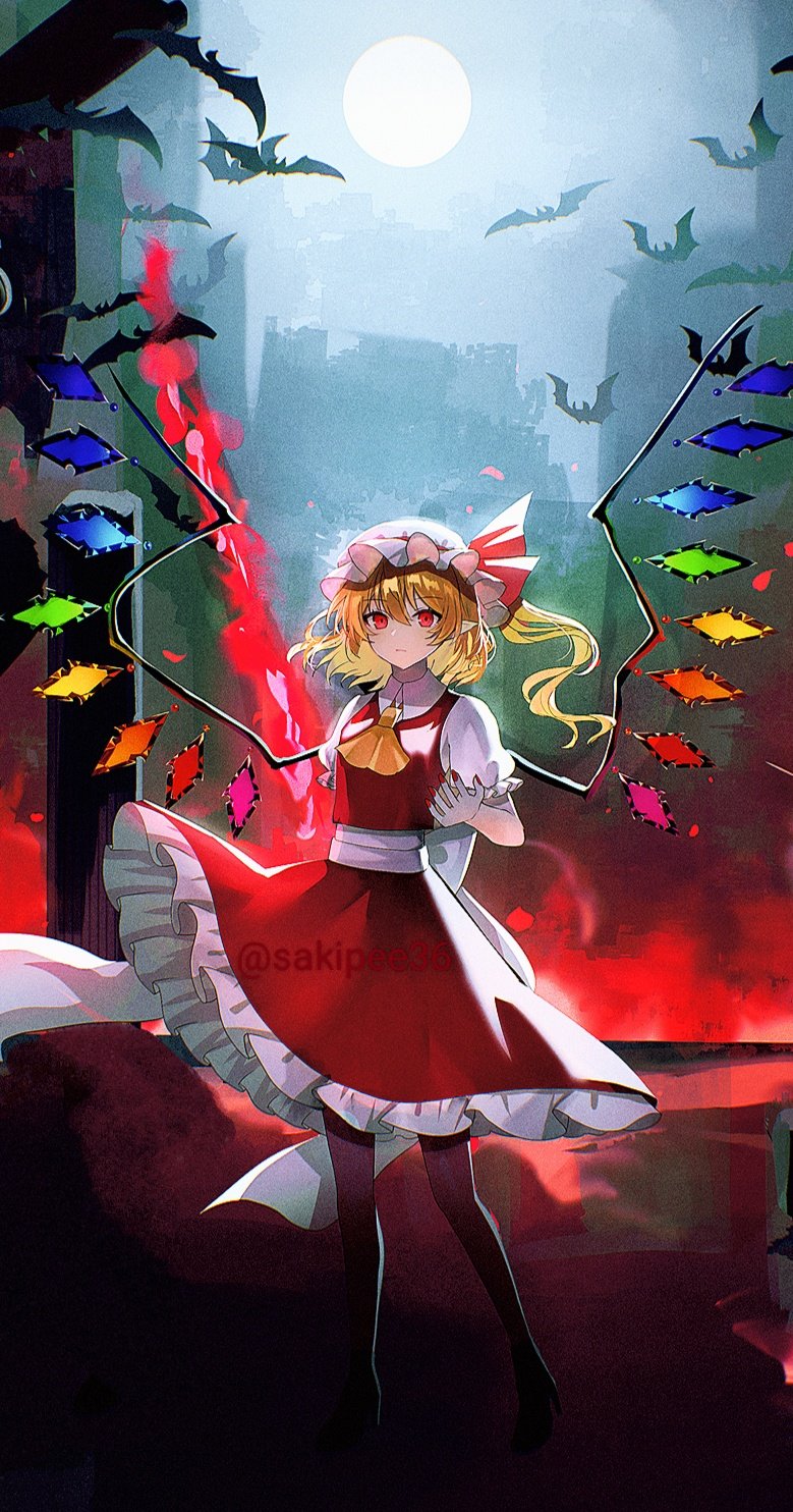 sakizaki saki-p, flandre scarlet, touhou, commentary, highres, 1girl, artist name, ascot, bat (animal), blonde hair, crystal wings, frilled skirt, frills, full body, full moon, hat, looking at viewer, mob cap, moon, night, puffy short sleeves, puffy sleeves, red eyes, red skirt, short sleeves, skirt, solo, standing, white hat, wings, yellow ascot