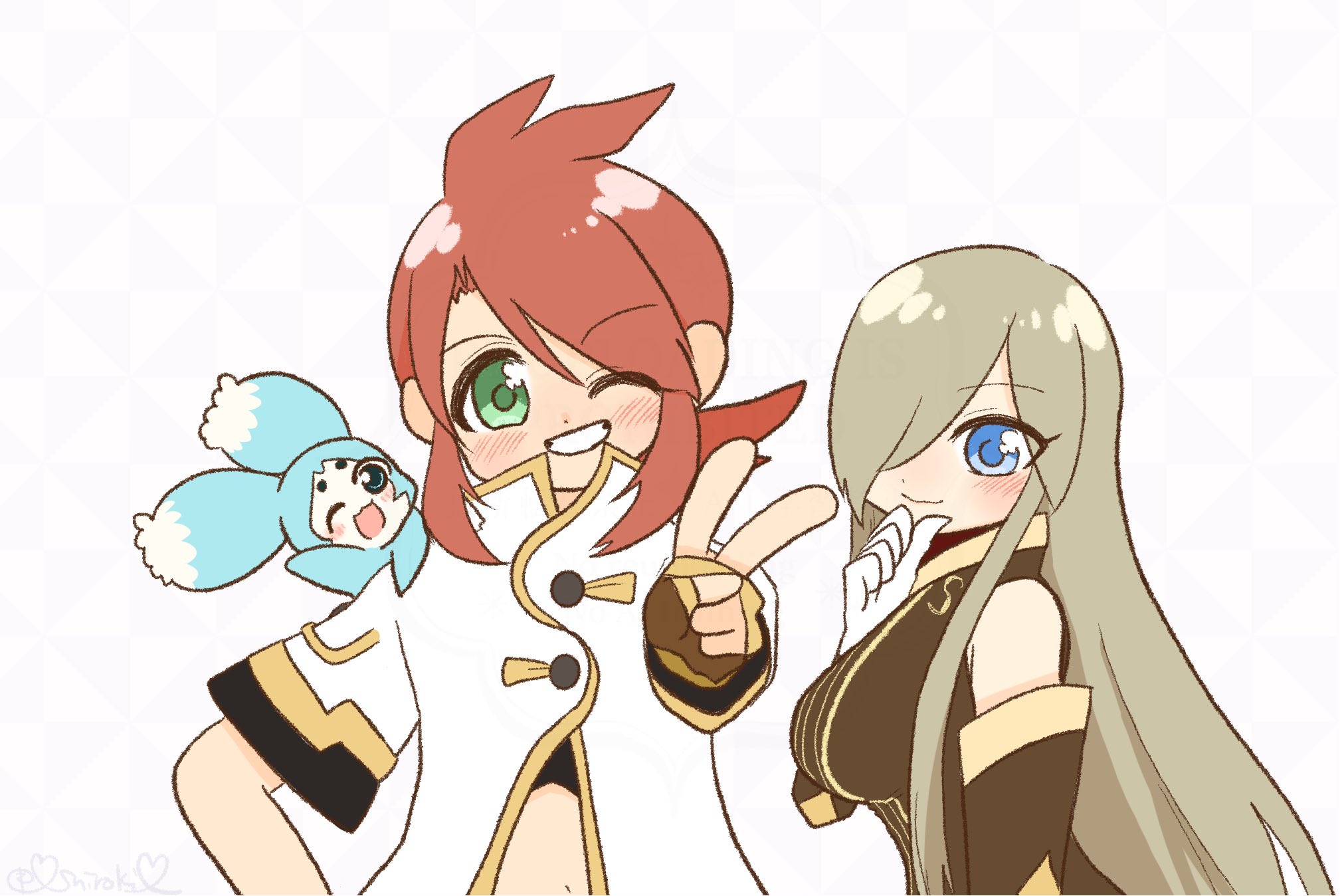 luke fon fabre, mieu (tales), tear grants, tales of (series), tales of the abyss, commentary request, highres, 1boy, 1girl, bare shoulders, black shirt, blue eyes, blush, breasts, brown dress, brown gloves, brown hair, brown sleeves, closed mouth, creature, cropped shirt, detached sleeves, dress, fingerless gloves, gloves, green eyes, grin, hair over one eye, jacket, large breasts, long hair, looking at viewer, midriff, on shoulder, one eye closed, open mouth, popped collar, red hair, shiroki r, shirt, short hair, short sleeves, sidelocks, sleeveless, sleeveless dress, smile, upper body, v, white background, white gloves, white jacket