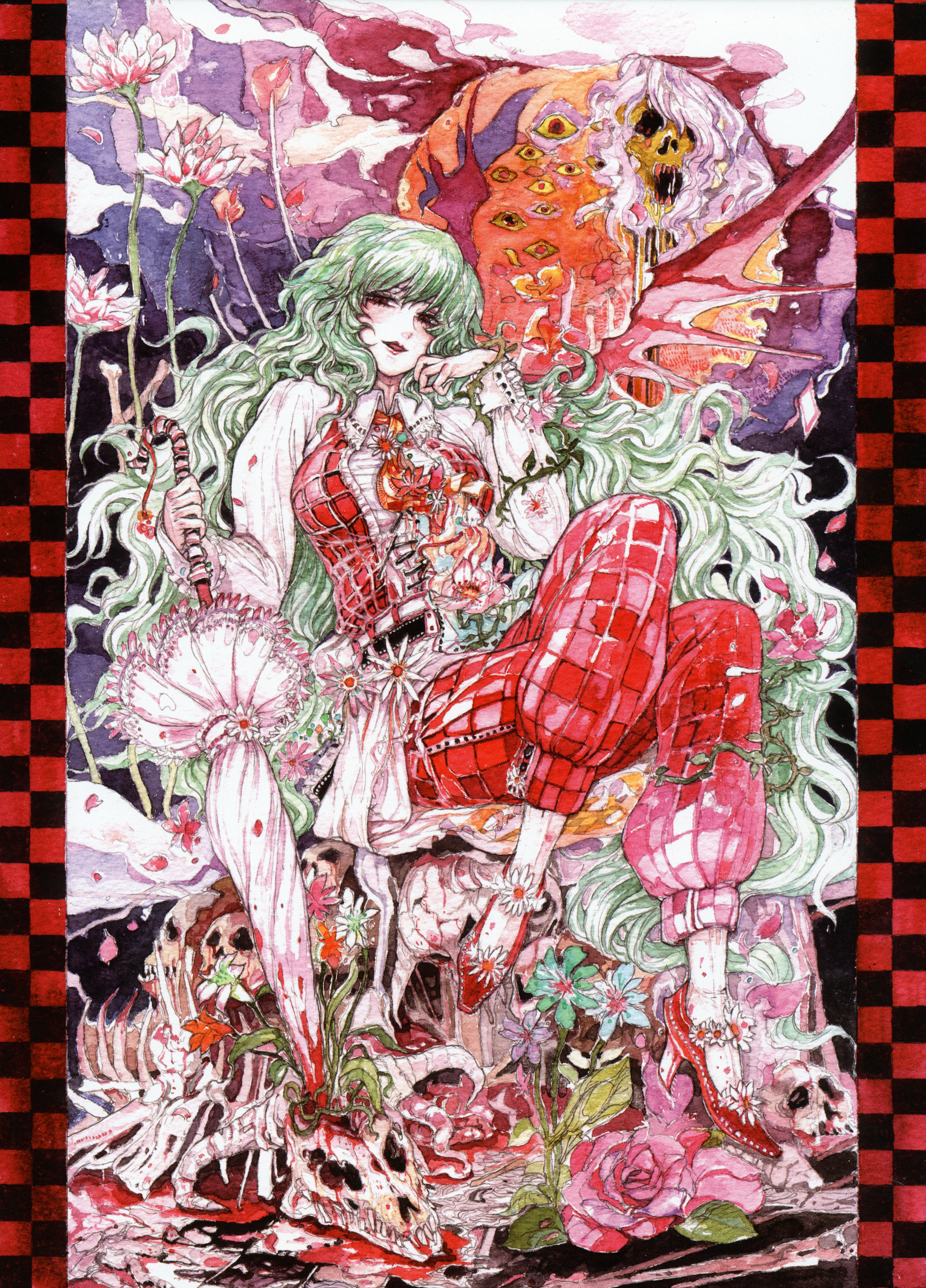 chihiro (kemonomichi), kazami yuuka, kazami yuuka (pc-98), mystic square, touhou, touhou (pc-98), absurdres, highres, huge filesize, 1girl, ascot, blood, breasts, closed umbrella, crossed legs, female focus, flower, green hair, high heels, large breasts, long hair, pants, parasol, plaid clothes, plaid pants, plaid vest, red eyes, shoes, sitting, skull, solo, umbrella, vest